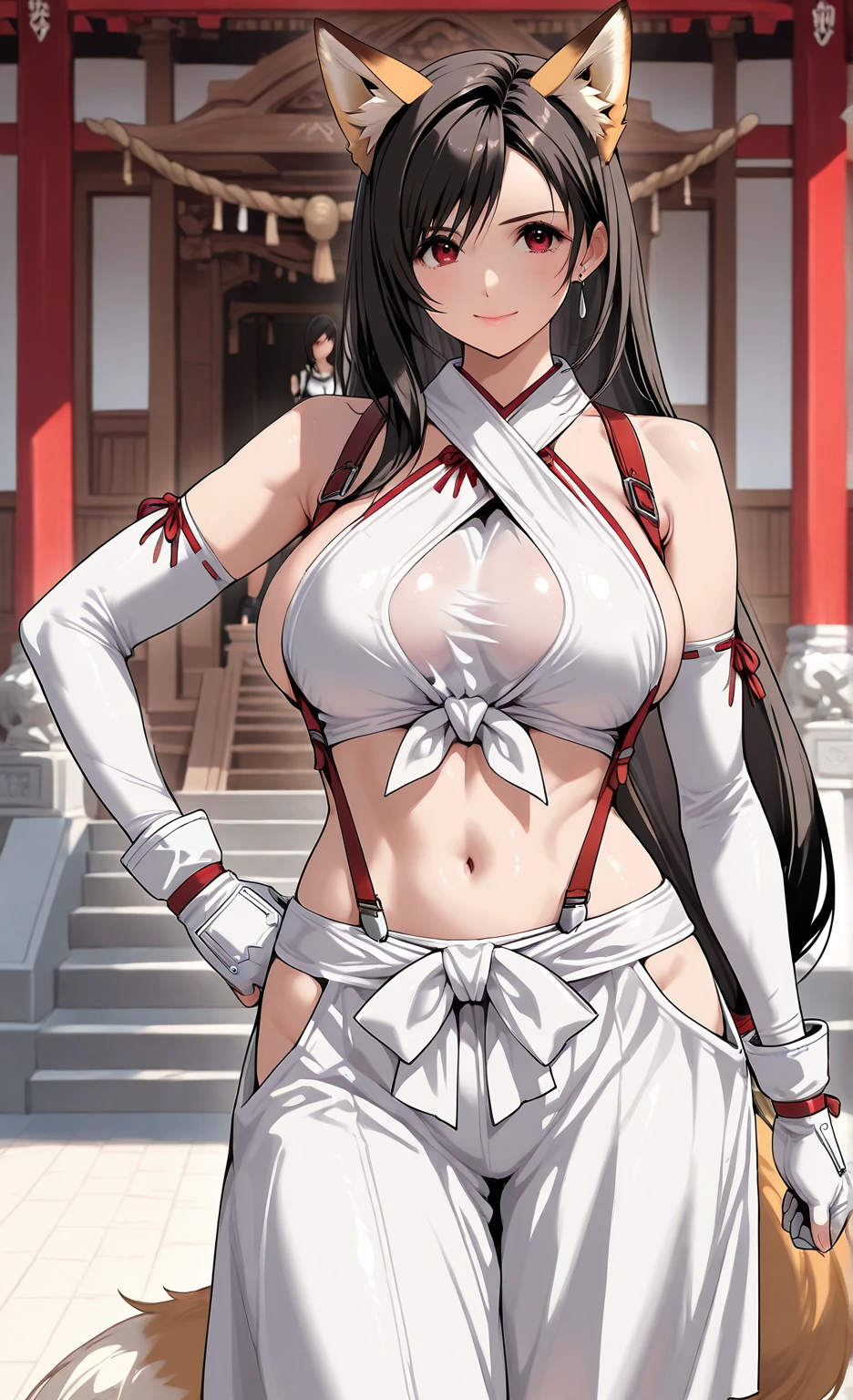 (((Plain background 1:2))) (masterpiece, high quality: 1.1) 1girl full body standing, hairstyle with a braid, white colored hair, yellow eyes, perfect lighting, muscular, thighs, mature woman, mummy, bellybutton, abs, looks at the viewer smile RED CHEEKS, extremely huge breasts, maternal, porcelain skin, extra very long hair, sparkly skin, good face, chest cover, HANDS ON HIPS