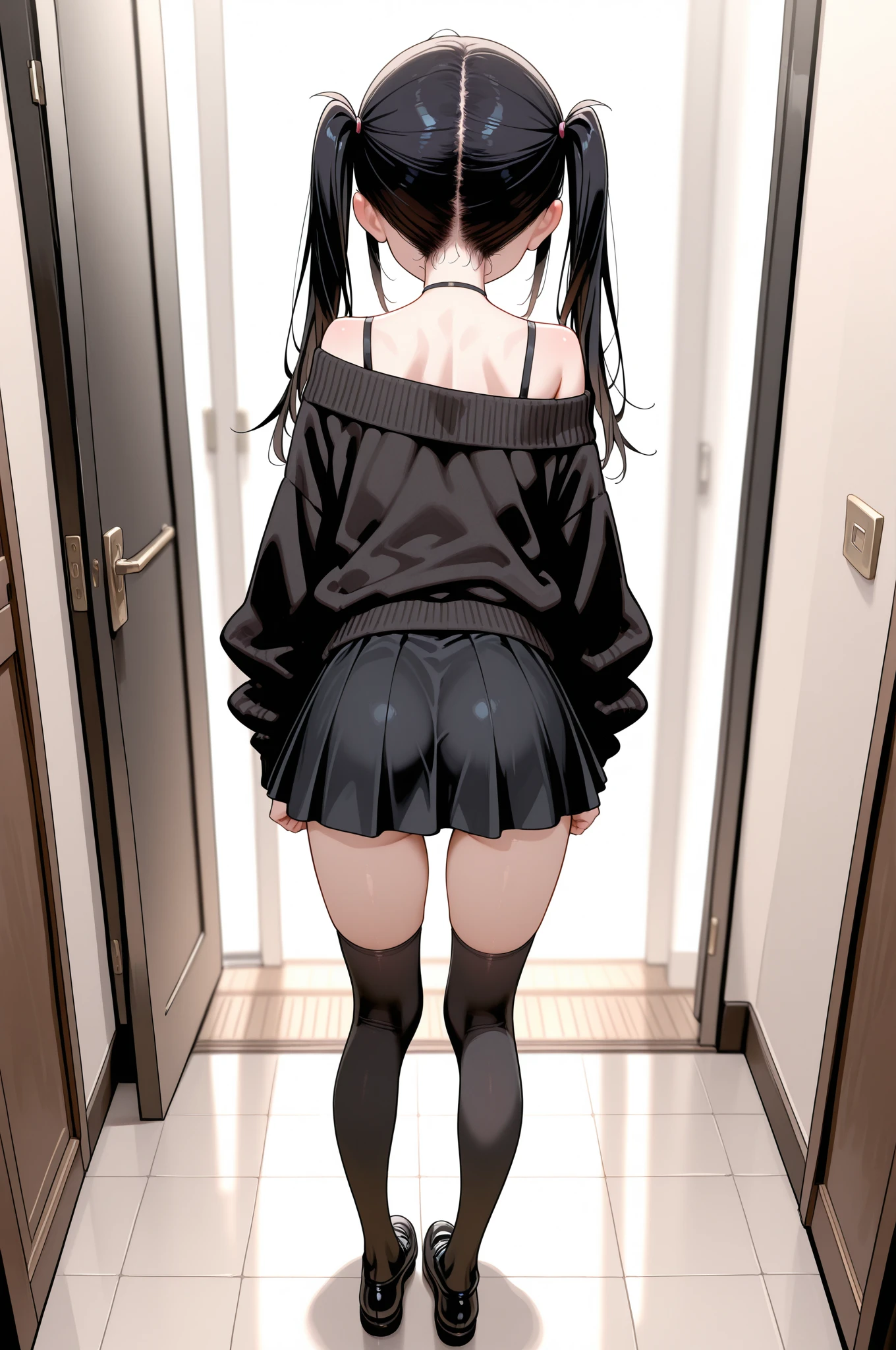 (((go up the stairs、Rear view)))high school girl、summer sailor suit、black tights、low length、(((((Eyes hidden by long bangs)))))、((([freckles:0.8]、long black hair:1.2　hair band　blush)))(((Black Rim Glasses:1.2　black eye)))、School、hold the back of the skirt with your hands、looking here