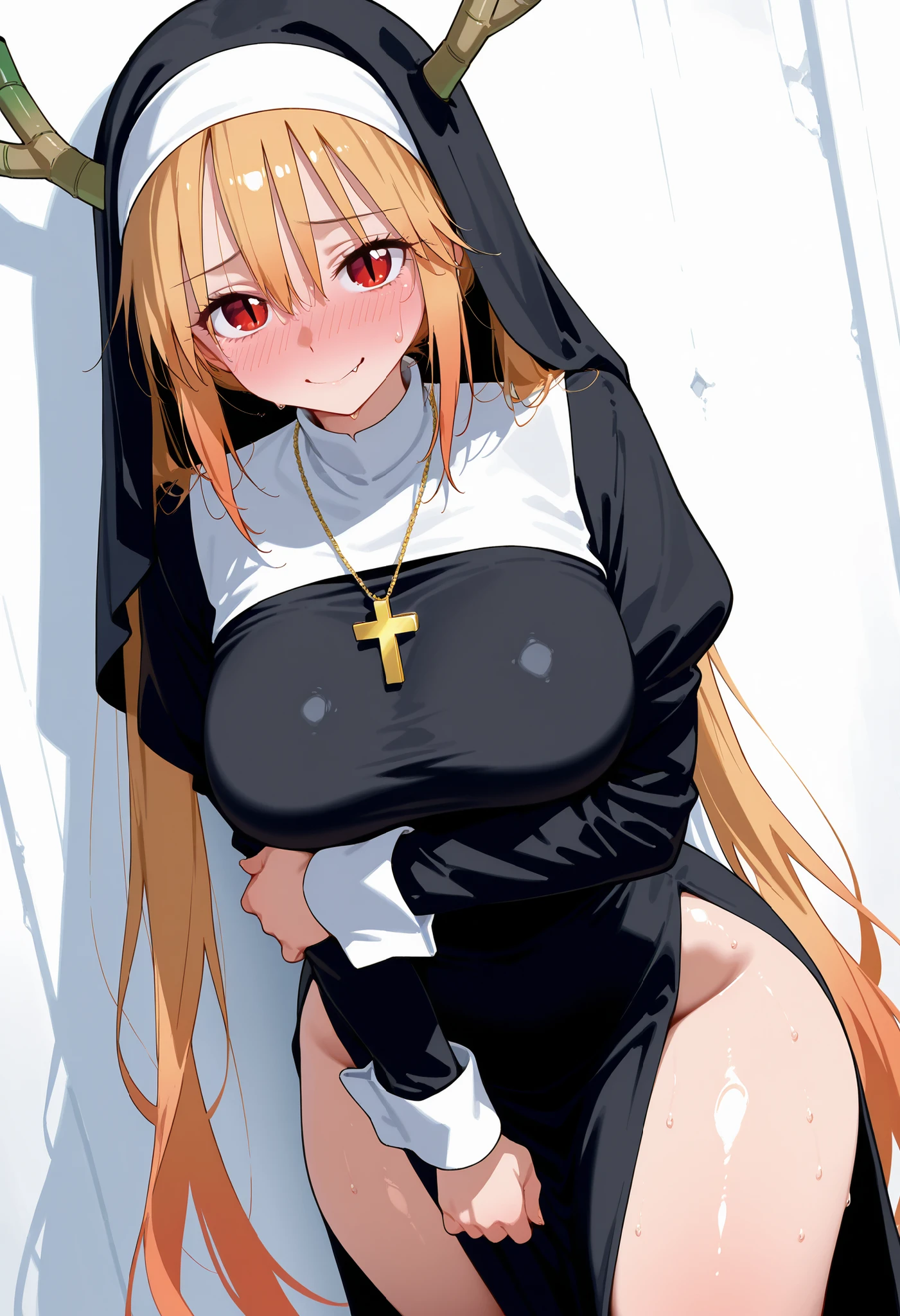 score_9, score_8_up, score_7_up, source_anime,
dragontohru,
tohru, long hair, bangs, blonde hair, hair between eyes, twintails, very long hair, multicolored hair, horns, fang, gradient hair, dragon horns, red eyes, slit pupils,, smile,
looking at viewer, cowboy shot, dutch angle, solo, nice legs, large breasts, shiny skin, shiny hair, shiny body, clear body, large breasts, nose blush, sweat, sweaty, sweaty:1.3, white background, simple background, standing, nice legs,, looking at viewer, thick thigh, thick thighs, nice face, solo, opaque clothes, cowboy shot, nice legs, winking and smiling, wearing a tight black nun habit, white collar and cuffs, large golden cross necklace, long wavy hair peeking out from under veil, standing against a pale wall casting shadow, hands clutched nervously in front of her lower body, shy embarrassed facial expression, blushing cheeks