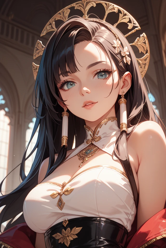 (masterpiece:1.3), ((Best quality at best)) , (disorganized:1.3), (highest quality:1.3),(perfect ???????:1.5),Super detailed:1.3),(best shadow:0.7)，(Ultra high resolution), extremely detailed texture, sharp focus, realistic lighting, cinematic quality, photorealistic details, smooth shading, fine grain, high dynamic range, 8K quality, exquisite clarity, ClassicaClothing: A flowing robe in rich colors like emerald green, sapphire blue, or deep purple. The fabric is adorned with intricate embroidery of peonies, lotuses, and phoenixes, symbolizing beauty, purity, and nobility. The sleeves are wide and billowy, like clouds, adding an air of grace and elegance. The collar is high and gracefully frames the face, often decorated with delicate lace or pearls.Hair: Jet-black hair styled in an elaborate updo, with delicate hairpins and combs adorned with jade, pearls, and gold. Some strands of hair are artfully left loose to frame the face softly, Accessories: Wears a long silk sash that drapes gracefully around the waist and flows with every movement. Holds a delicate silk fan with paintings of landscapes or flowers, adding a touch of refinement. On her wrists are jade bracelets that tinkle softly as she moves.extremely large and enormous breasts that hung down due to her size,