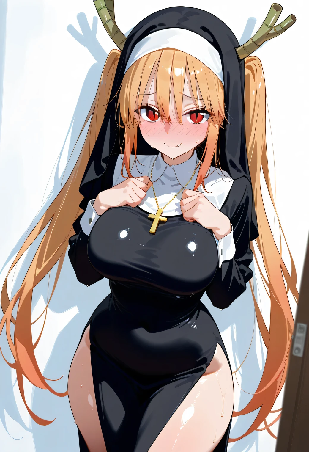 score_9, score_8_up, score_7_up, source_anime,
dragontohru,
tohru, long hair, bangs, blonde hair, hair between eyes, twintails, very long hair, multicolored hair, horns, fang, gradient hair, dragon horns, red eyes, slit pupils,, smile,
looking at viewer, cowboy shot, dutch angle, solo, nice legs, large breasts, shiny skin, shiny hair, shiny body, clear body, large breasts, nose blush, sweat, sweaty, sweaty:1.3, white background, simple background, standing, nice legs,, looking at viewer, thick thigh, thick thighs, nice face, solo, opaque clothes, cowboy shot, nice legs, winking and smiling, wearing a tight black nun habit, white collar and cuffs, large golden cross necklace, long wavy hair peeking out from under veil, standing against a pale wall casting shadow, hands clutched nervously in front of her lower body, shy embarrassed facial expression, blushing cheeks