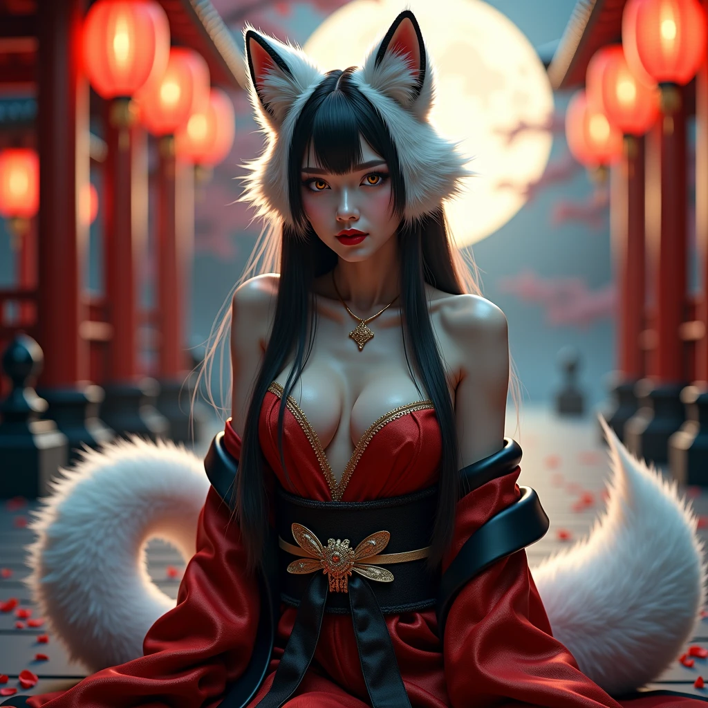 beautiful girl with Chinese styled hair, red eyes, fox ears and a black fox tail, wearing a extravagant off shoulder Hanfu dress, hyperrealistic, highly detailed, 8k, photorealistic, intricate, cinematic lighting, dramatic lighting, scenic atmosphere, warm color palette, cinematic pose, elegant, mystical, magical, fanciful, ethereal, fantasy art, Beautiful Chinese trees scenery