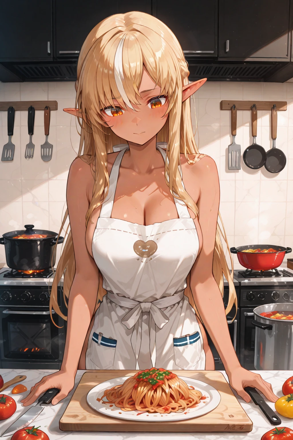 (masterpiece, best quality, absurdres, perfect anatomy),1girl,long hair,medium breasts,breasts,ponytail,red eyes,pointy ears,light smile,naked apron,<lora:GoodHands-vanilla:1>,<lora:Chole-10:0.7>,kitchen,dark skin,
