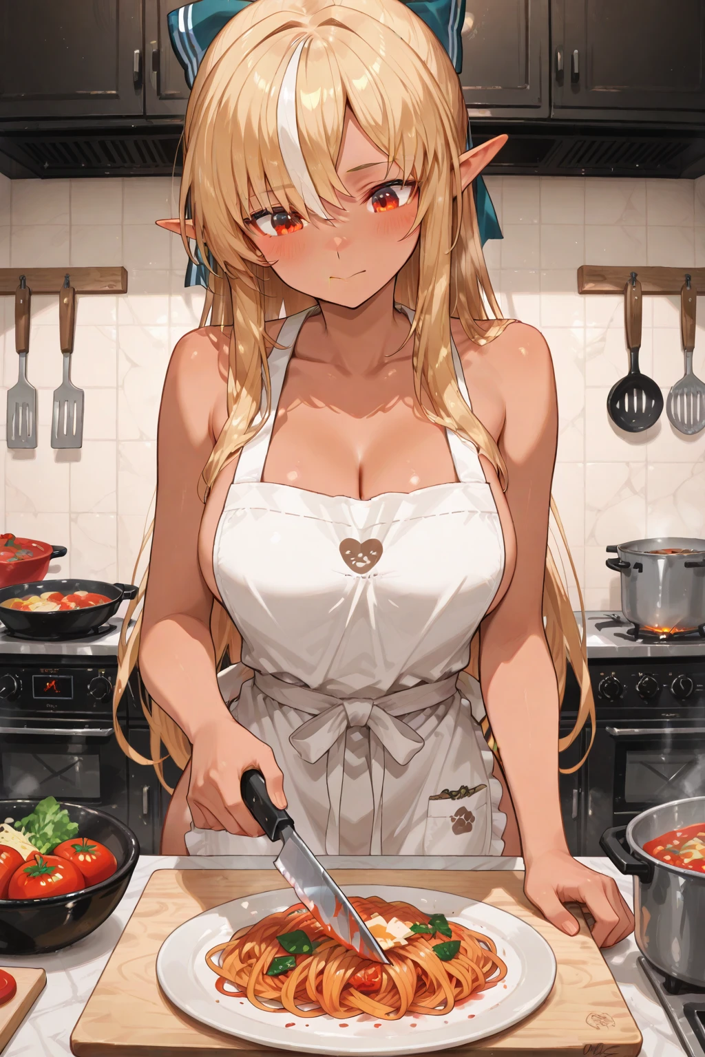 Oga Saki, 1girl, solo, red eyes, blonde hair, long hair, large breasts, dark-skinned female, dark skin, smile, standing, dynamic pose, <lora:OgaSaki:1>, 8k, masterpiece, best quality, absurdres, perfect anatomy, cinematic lighting, cowboy shot, (naked apron:1.1), (kitchen, cooking, knife, vegetables:1.2)