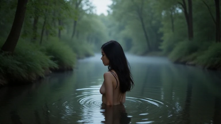 The Realism of Photography, 1 Mature Women, (fully naked) drowning in a swamp, (Kneeling), gloomy ???????, (side-view:1.1), soaking wet