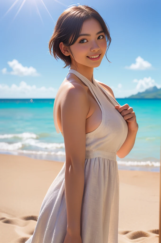 ((nsfw)),1 Female,Brown Hair,((Surprised expression)),Beautiful breasts,White strapless off-the-shoulder shirt,Red dress,Stylish,,(Look forward)(((Blushing、Embarrassed expression)),(((The skirt flips up in the wind)))、White panties、