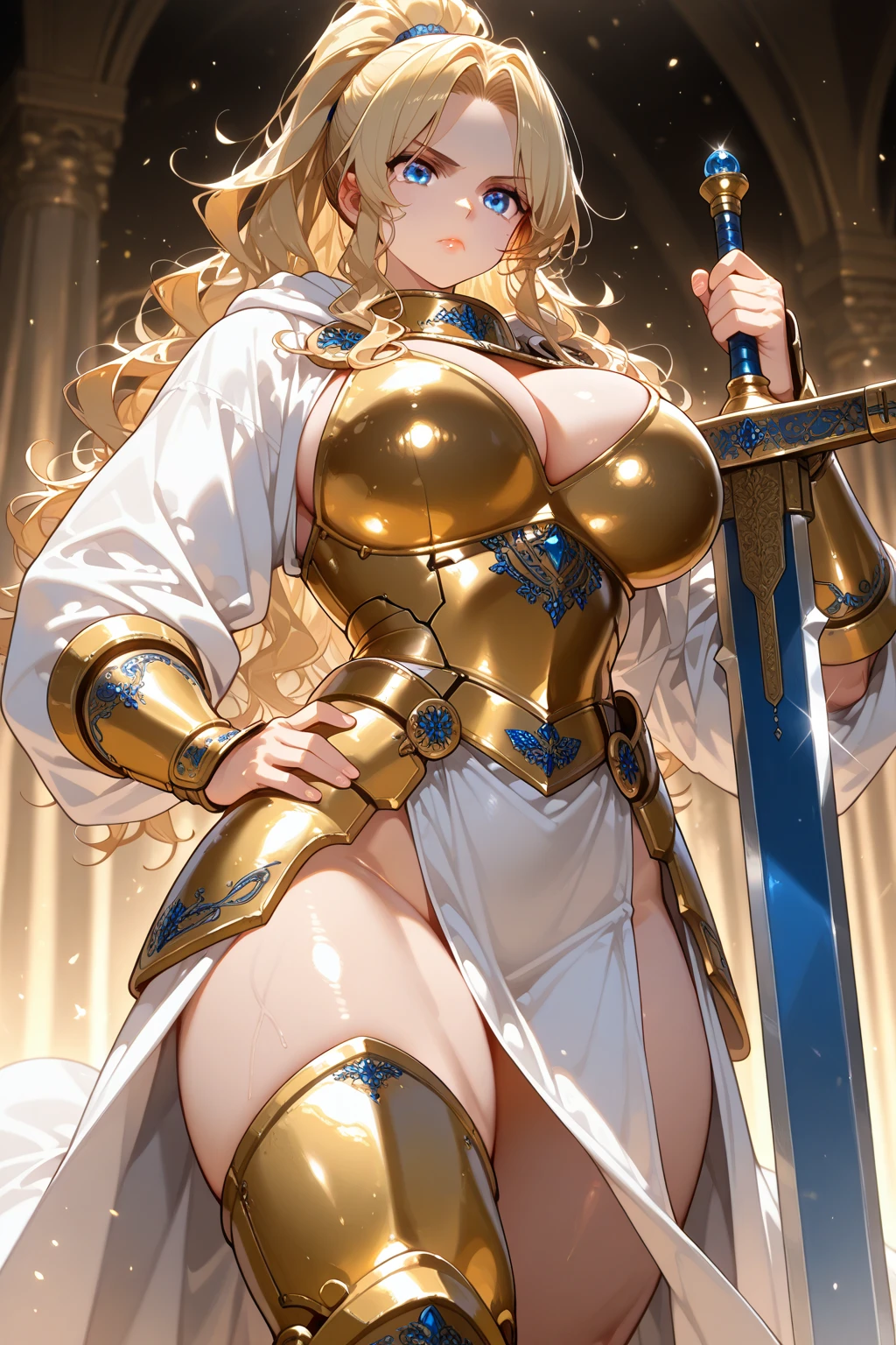 sensual, long blonde hair, thick thighs, 8K, 4k, highest quality, (High resolution:1.6), cute anime face, noise reduction, (shining blue eyes, gentle smile:1.3, kind eyes:1.3)、toned abdominal muscles, muscular arms, muscular legs,  young face, anime eyes, Sophitia Alexandra、(holding a sword in the right hand:1.5)、(Equipped with a shield on the left arm:1.5)、(SFW huge body:1.9)、(beautiful nose:1.5)、long tights、knee high boots、garter belt、beautiful hands、beautiful fingers、school hallway