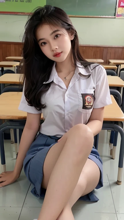 Masterpiece , Beautiful 18 Years Old ,  medium round Breast , ((exposed Cleavage)), unbuttoned clothes upper, ((Wearing High School Uniform)) , High School Skirt , White Sneakers , In Classroom ,  , ((Centre:1.1)), ((Symetric Picture:1.1)) , ((brown Hair:1.1)) , Extremely Detailed , Messy Hair, atractive poses:1.3, sitting with open-legged, knees up