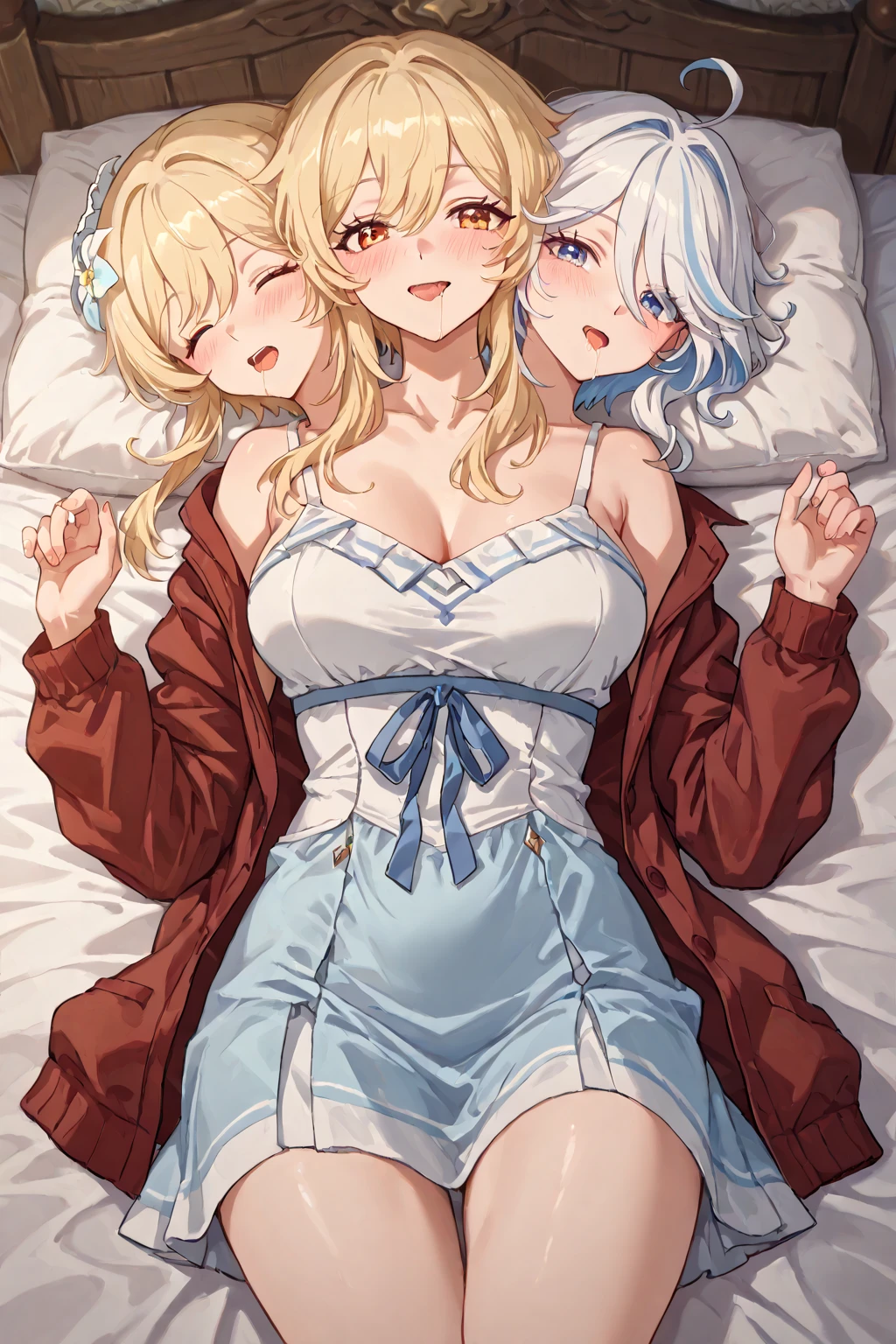 score_9, score_8_up, source_anime, in bed, red dress, 2girls, navel, front view, top view, sleeping, wearing dress, closed eyes, genshin impact, lisa, lumine, lisa and lumine, indoors
