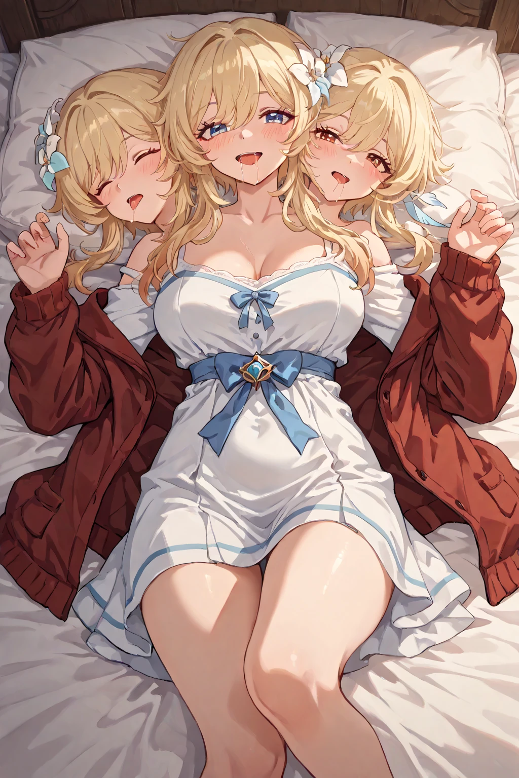 best quality，masterpiece, more hentai manga , Japanese hentai manga face , side by side, three noble and beautiful women, three sisters, real anime, more anime, perfect body , beautiful body, healthy body, two beautiful legs , two beautiful arms , two beautiful hands, bunny ears headband , open legs, beautiful blonde hair, more detailed blonde hair , detailed eyes, huge tit, huge ass, detailed ass, Fat, all of body is very sweaty , sexy lingerie, plump, beautiful vagina, sexual excited facial expression , overflowing white mucus from the crotch , drooling a lot, shedding tears , dripping from nose , lolling tongue, looking straight ahead , blue eyed , cheeks are flushed , beautiful anal, a lot semen, nipple, prurient , orgasm, nympho, horny, sexual desire, lust, vulgar, on bed, in dim room, correct joint orientation, perfect contrast, perfect shadows --auto