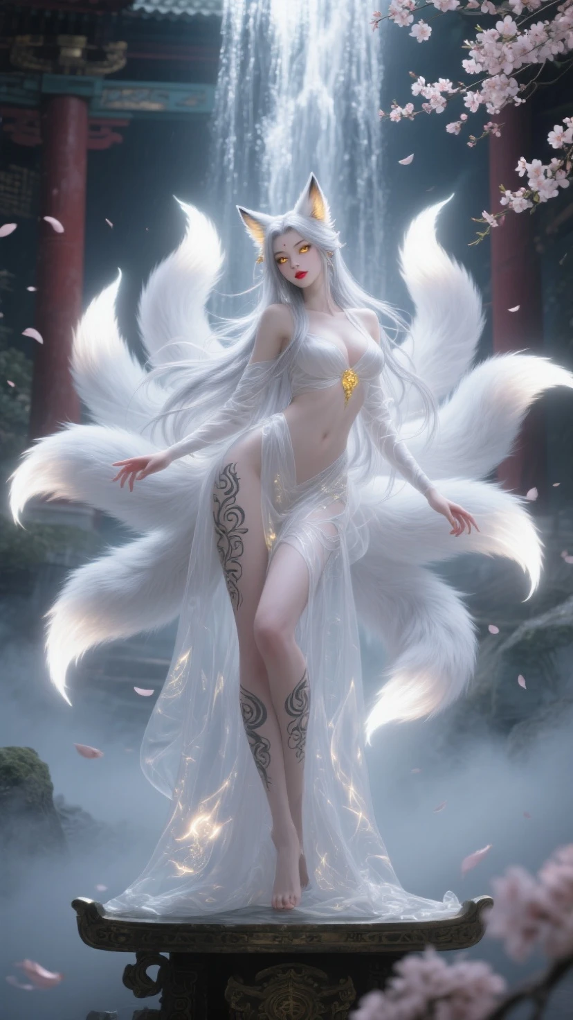 In this breathtaking digital artwork created by Mappa Studios, a stunning snow fox woman takes center stage. BREAK With nine fluffy white frosting fox tails on her back and delicate snow fox ears, she exudes an ethereal beauty. Donning an intricately detailed yukata, she stands confidently, locking eyes with viewers. Around her, intricate ice chains intertwine, showcasing her mastery over the element of ice. Her face is flawlessly rendered, capturing every minute detail, from her perfect features to her light smile,((nine fluffy white fox tails:1.6))
BREAK
Standing tall with a mature and alluring presence, she emanates a frost aura, a testament to her powerful sorcery. In her hands, she wields an ice spear, ready to unleash its icy might. Countless blue and white ice shards dance and dazzle around her, creating a mesmerizing spectacle. In the background, a small ice phoenix gracefully soars, adding an extra touch of enchantment to the scene.
BREAK
The ground is adorned with glistening crystals and a blanket of snow, while a blizzard rages, adding a sense of movement and dynamic energy to the composition. Her body, with its seductive curves, perfectly complements the overall aesthetic.
BREAK
This highly detailed digital artwork is rendered in 4K resolution, utilizing the cutting-edge Octane render engine to bring out every intricate detail. The use of bioluminescent elements adds an otherworldly glow to the piece, further enhancing its magical atmosphere. Created with the utmost realism in mind, this artwork is a true masterpiece, showcasing the best quality and official art from Mappa Studios.