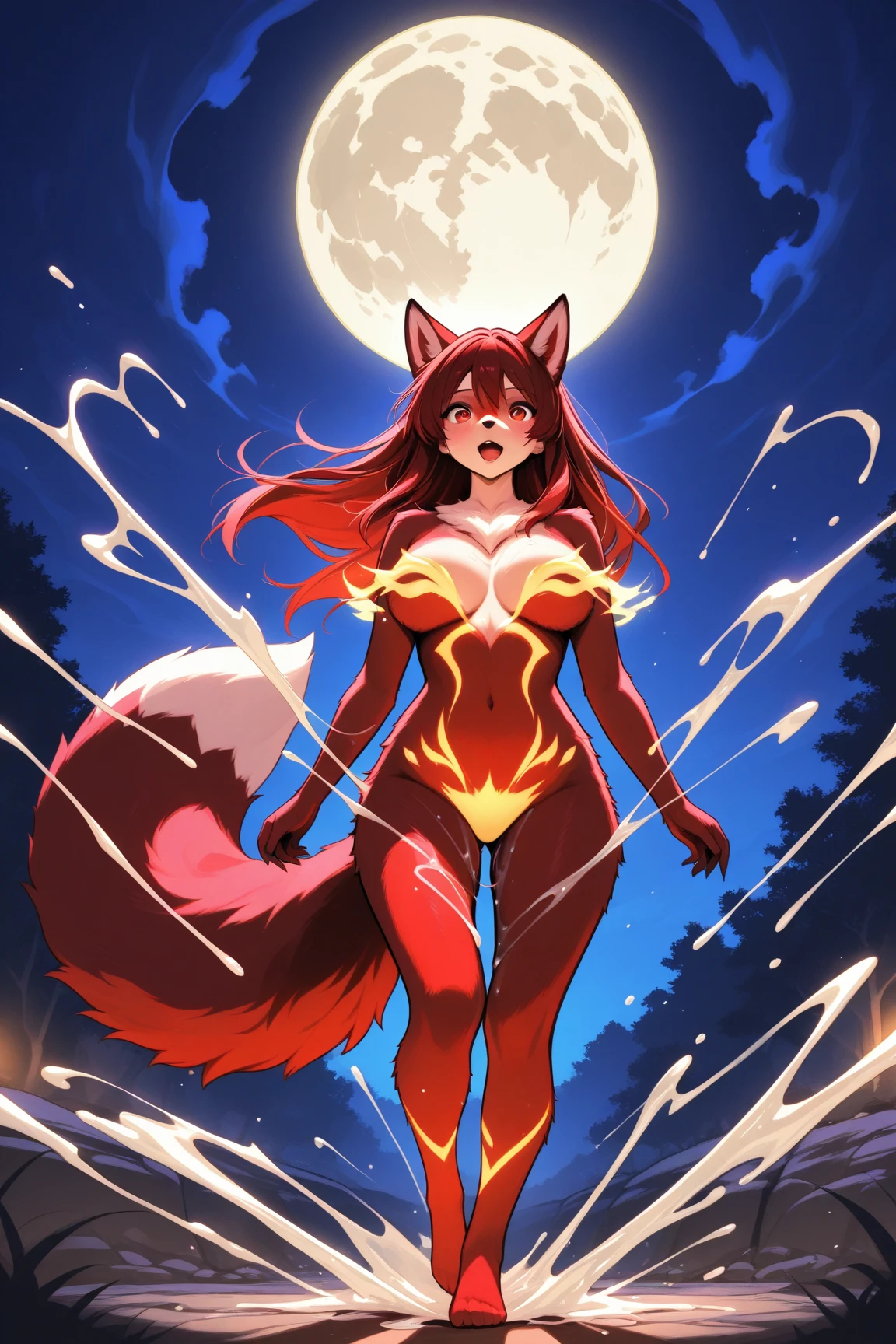 An orange haired woman with copper eyes with an hourglass figure with orange fox ears and an orange fox tail wearing a one piece swimsuit is smiling while leaning forward with a smile
