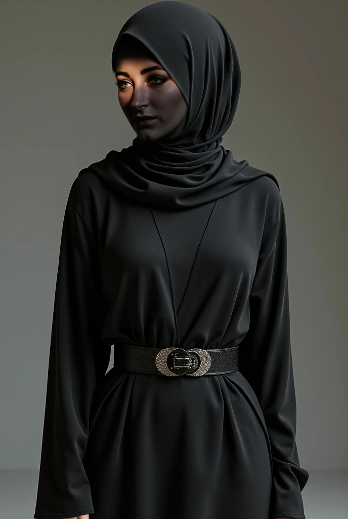slim woman with big breasts wearing tight jilbab and gloves and niqab