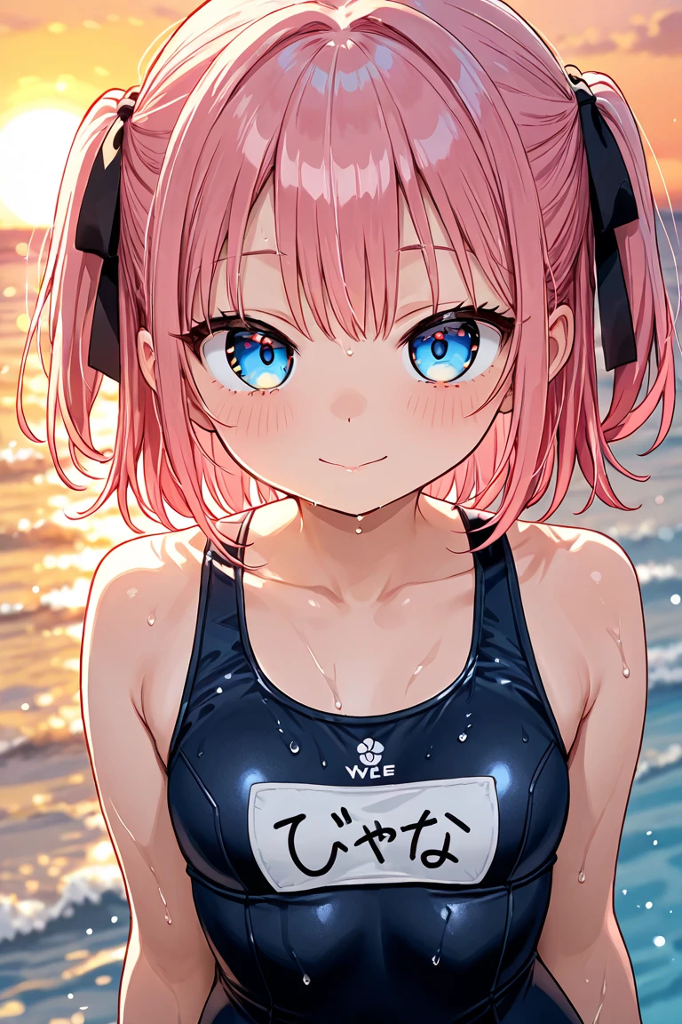 (Best quality, 8k, 32k, Masterpiece, UHD,:1.2),RAW, 1girl,ultra cute , natural lighting,transparent shining eyes, 20yo ,fair complexion ,flushed face,dynamic Lighting, ((school swimsuit)), large breast, wet, shiny, From above