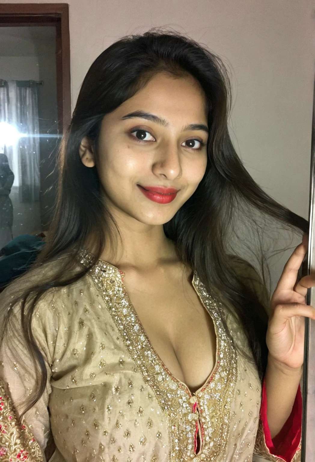 closeup of extremely beautiful young 19 year old beautiful Pakistani teenage model girl, big breasts with bra, wearing casual outfit, standing on a balcony of a hotel, long hair containing blonde highlights and brown lowlights, round face shape, hazel eyes, happy face, realistic photography