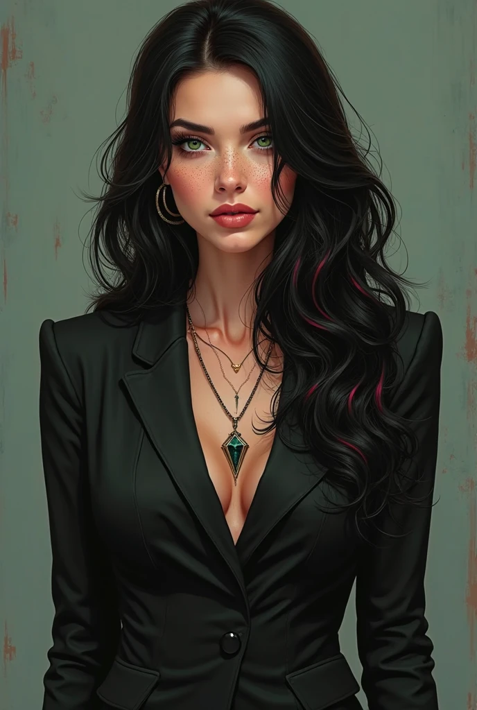 20 year old western college woman serious with dark expression and sexy frown she has long and very dark hair, with a few purple lighting points. Eyes in a dark brown shade, she usually has a loose bun, wear clothes in neutral colors, usually makes a play with black and gray and white details, It has a kind of dark academia style, with visible neckline, no back ground, graphic novel art style