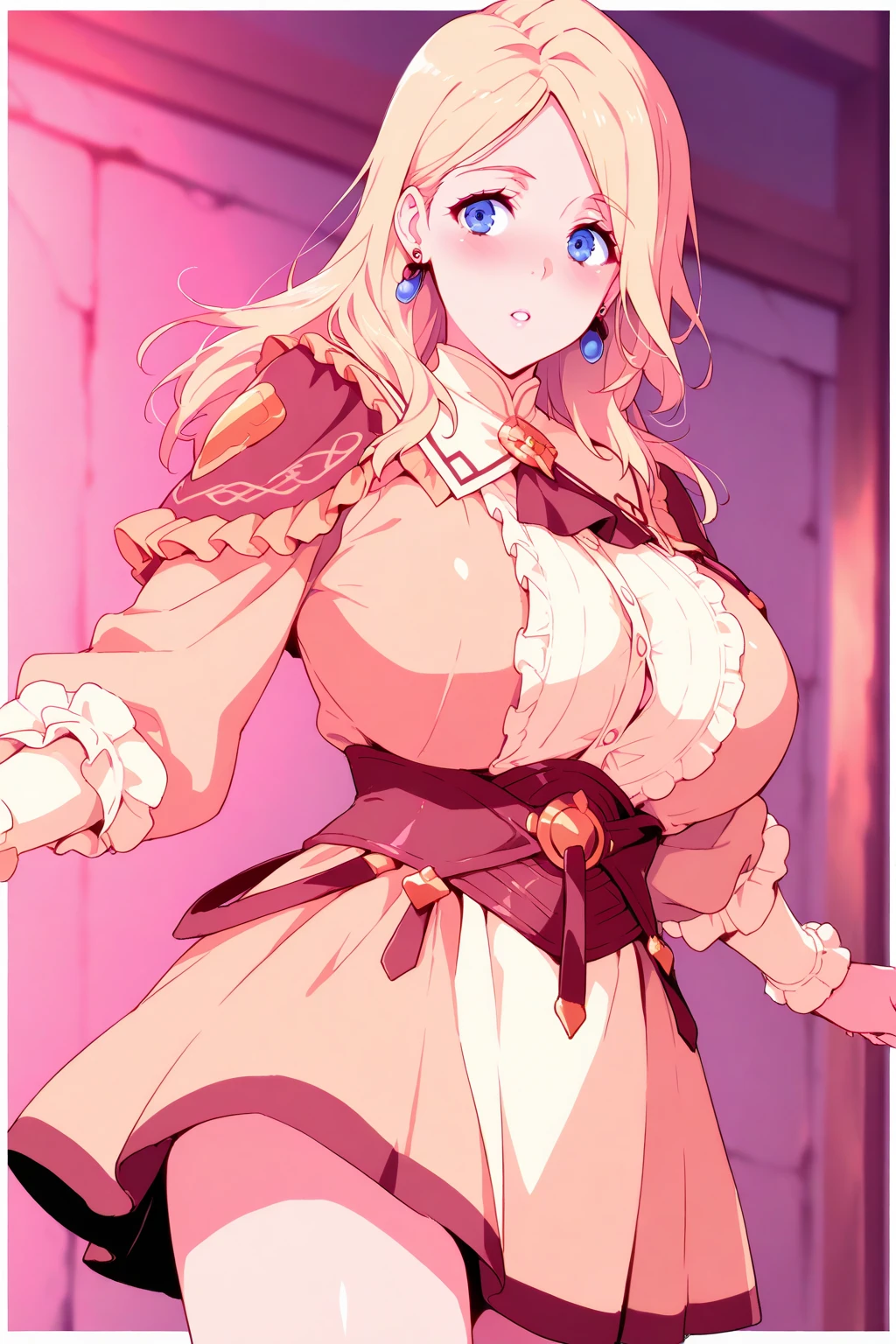 body: pale skin, strawberry blonde hair, girl, hair down,  slightly freckled, slight overweight, soft, busty, navel
clothing: hair ribbon, thin sheer robe, low opacity fabric
pose: blushing, slightly smiling, bliss, lying down, legs parted, hands in panties
setting: sauna
aesthetic: average person, soft face, well lit room, soft eyes, MILF, mature woman