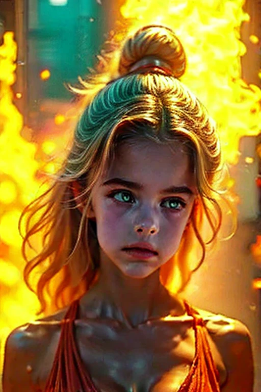 Unreal 5, dbarrymore-subject 8-year-old girl (angry face:1.4), crying, (mouth closed:1.2), (lips closed:1.2), (fireflight shining on face:1.3), (fireflight reflecting on face:1.3) (wavy walnut blond hair blowing in wind:1.3), head down looking up at viewer with (fire swirl in the background:1.3), in a forest fire, windy, gust of wind, industrial fan, night, jean jacket, (face like charging bull), clockwork orange, full metal jacket, ray tracing, solo, solo focus, highly detailed, detailed face, detailed eyes, intricate, high saturation, high resolution, absurd res, masterpiece,