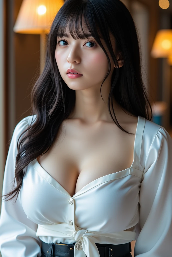 Best-quality, Masterpiece, Ultra-High-Resolution, (Photorealistic:1.4), Raw-Photo, 1girl, the most famous Japanese actress, wearing night-dress, leaning forward, (the most beautiful face like the most popular Japanese actress, ((the most beautiful big-black-eyes)), the most beautiful hair), the most beautiful long-eyelashes, the most beautiful lips, the most beautiful white-skins, ((extremely beautiful abundant-cleavage)), extremely beautiful body, extremely beautiful hip, extremely beautiful thighs, innocent-smile, looking at viewer