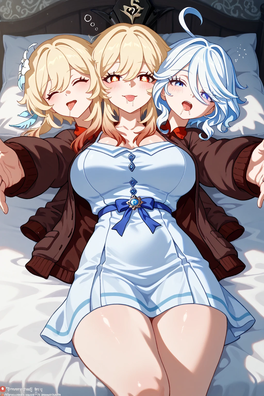 (2girls:1.3), (yuri:1.3), two girls next to each other, (height_difference:1.2),
two giants looking down at a tiny village on a table from above, (village from above: 1.2),
tall, huge (breasts:1.1), breast squeeze, (2girls:1.6), (yuri:1.1), (giantess:1.2), happy, blushing, cleavage, (height_difference:1.3), (size_difference:1.1), bedroom background, Princess, frills, cute dress, pointy ear, elf, bright hair, bright eyes, cliffs, hills, rivers, mountains