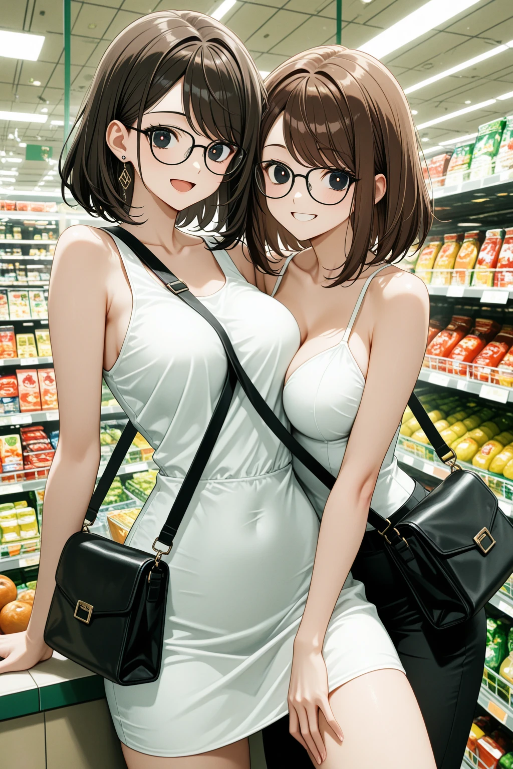 (8k ,Super detailed,Best masterpiece,nature,perfect work of art,perfect female figure),two women,sister and younger sister, sisters,rainbow hair,perfect face,(huge ),neighbor wife,woman hairstyle,elegant wife,Sophisticated and revealing ,20 years old,White skin,messy hair,perfect sexy body,Tone,flirtatious,very big ,Willow Yao,see through breasts,nipple,young beautiful teacher,teacher,wear glasses,Shopping in the supermarket,Many female classmates and teachers,Detail background,necklace,perfect eyes,,T-shaped small size,huge big