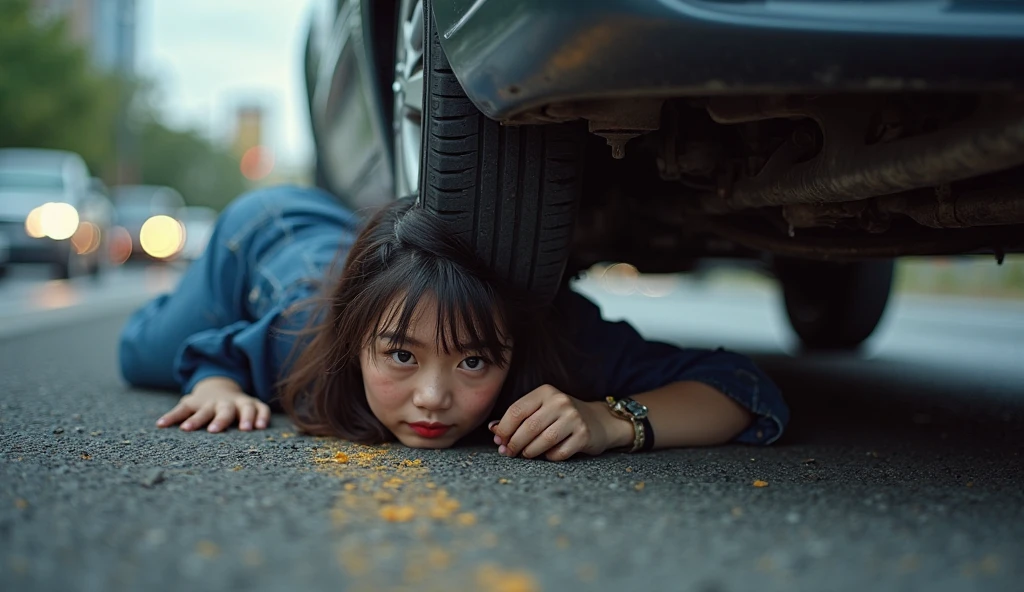 A Asian- American woman in her 20s, stopped her car and is peeing on the side of the freeway somewhere hidden