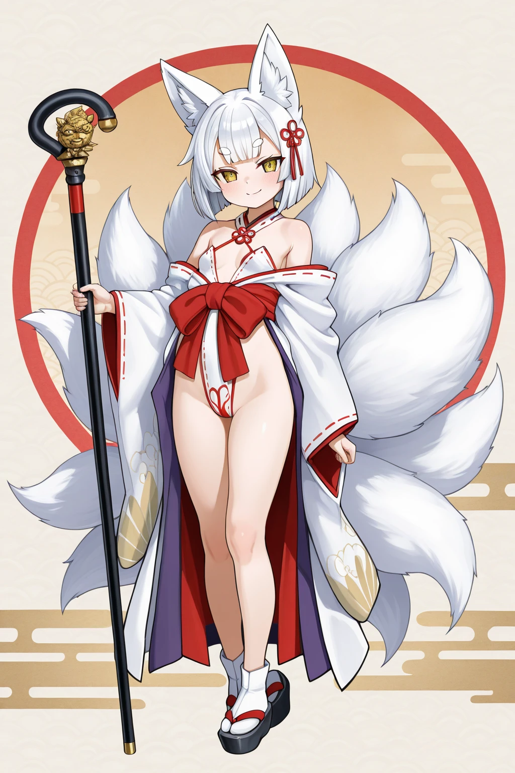 _asura style, 1girl, breasts, animal_ears, tail, solo, fox_ears, skindentation, colored_inner_hair, fox_tail, large_breasts, halo, thighhighs, yellow_eyes, long_hair, multicolored_hair, navel, red_hair, sarashi, black_nails, looking_at_viewer, thighs, black_hair, bangs, fox_girl, blush, japanese_clothes, smile, animal_ear_fluff, hand_on_hip, closed_mouth, simple_background, torn_clothes, :3, cleavage, thigh_strap, white_background, two-tone_hair, thick_thighs