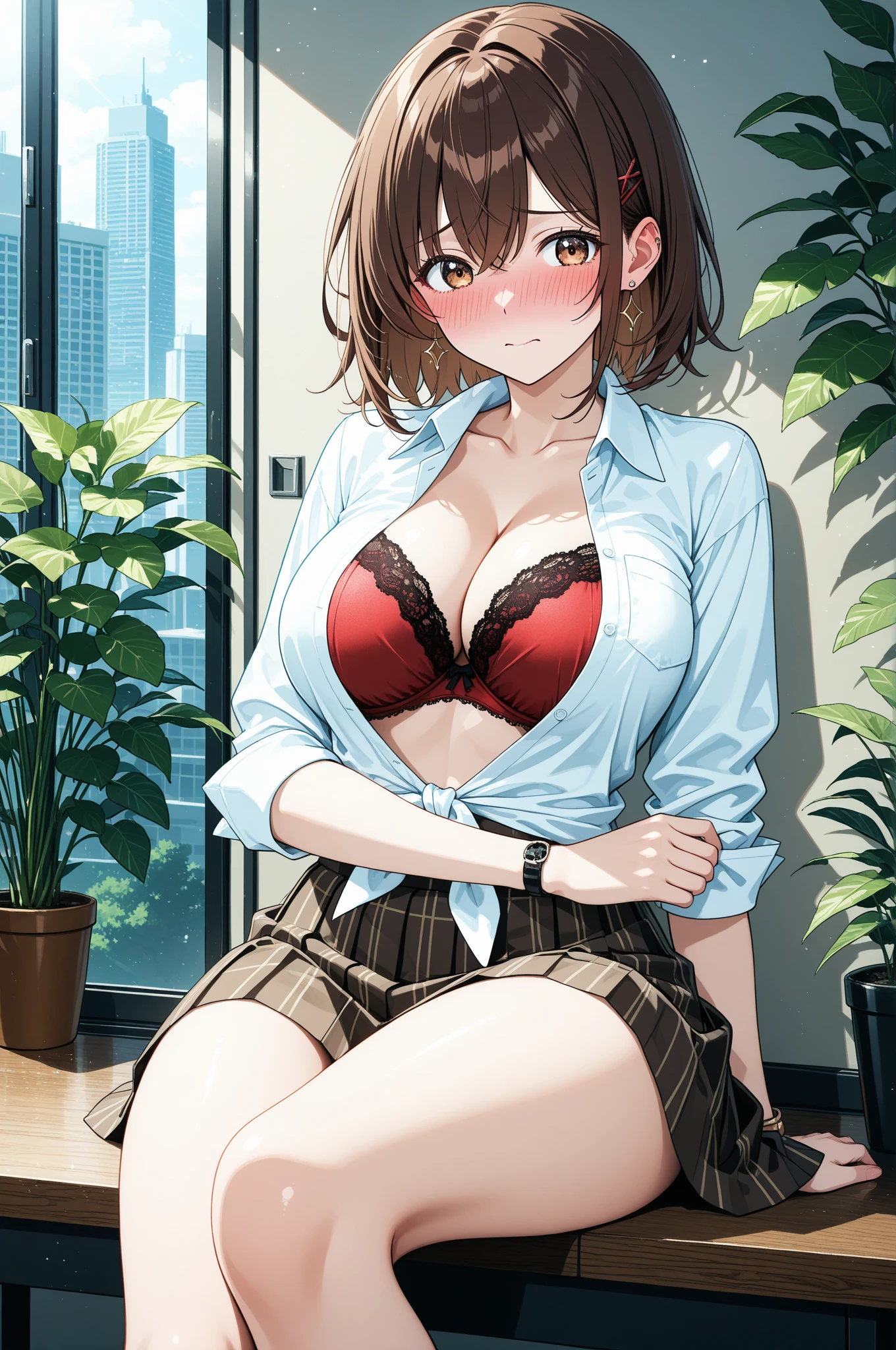 (table top, highest quality, High resolution, , perfect pixel, 4k,), 1 girl, single, alone, Beautiful woman、I could see the whole body、 ((wavy mid hair, bangs, brown hair)), ((brown eyes, beautiful eyelashes, realistic eyes)), ((detailed face, blush:1.2)), ((smooth texture:0.75, realistic texture:0.65, realistic:1.1, Anime CG style)), medium breasts, dynamic angle, perfect body, ((, female teacher, , earrings、necklace、white shirt with collar、Shirts without buttons、Dark blue flared skirt、black knee high stockings、open both legs wide、、shy smile、Sit on the floor、leaning forward)), Upper grade、、、evening、、(You can see the white and red lace panties and bra、、(Bring your chest and arms together、Lift up your skirt and show your panties、The wind blows up my skirt)、angle from below)、