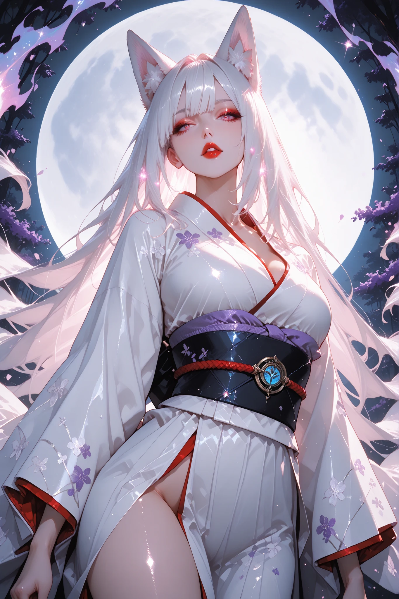 masterpiece, best quality, bright, very aesthetically pleasing, high contrast, newest, 1 divinely beautiful adult fox woman, nine-tailed fox woman, girl with fox ears, pinkish white hair, shiny hair, wearing a beautiful kimono with slits on both sides, lilac aura, seductive and fiery, radiating ephemeral beauty, incinerating power, ancient forest under the light of a full moon, with a dramatic thin mist and an enigmatic undistorted dual-natured vibe, dynamic pose, dynamic angle, dynamic composition, bright colour, glowing hair, shiny hair, bright red lips, soft ambient lighting, The next level is sophistication and refinement, super detailed, more texture, glitter brightness