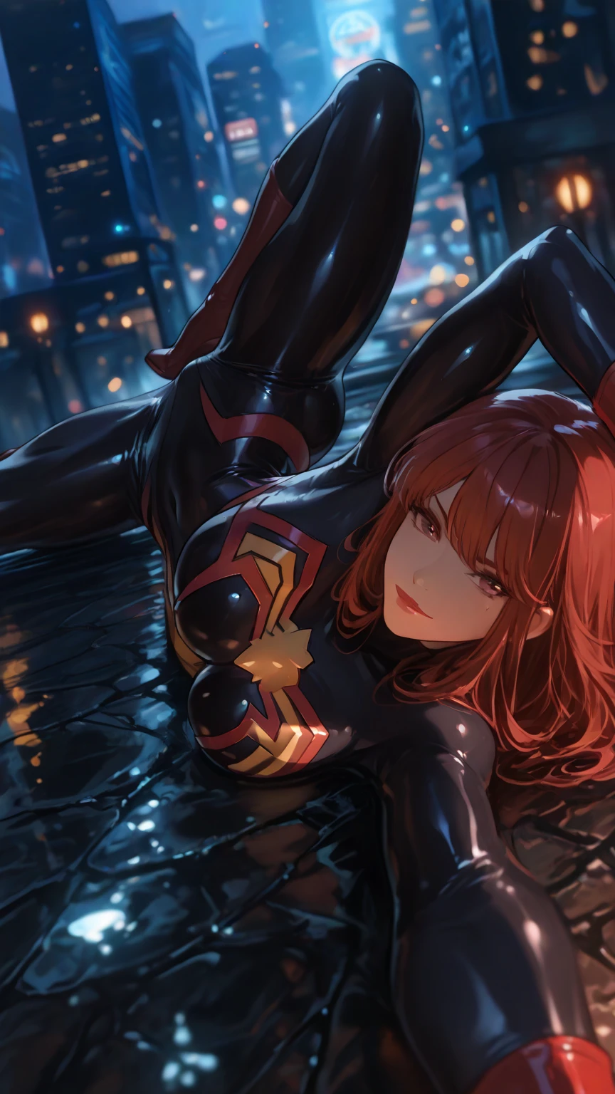 masterpiece, best quality, ultra-detailed, illustration, 1girl, spiderwoman superhero, cute, smiling, stripping, striptease, on spaceship, bare breasts, midriff