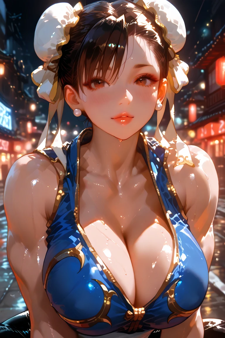 RAW photo, ((((extreme beauty portrait))), Upper body, Shiny balls on cheeks, (Sakura Haruno), (((Shiny white glossy skin)), One, 17 year old beautiful girl, Chun-Li in Fight II, perfect chun li costume,blue cheongsam with gold lines,Bun head, fighting pose,masterpiece、1 beautiful girl、fine eyes、puffy eyes、highest quality, 超High resolution, (reality: 1.4), asian beauty、super beautiful、beautiful skin、body turns forward、close up of face、(超reality的な)、(High resolution)、(8K)、(very detailed)、(美しくfine eyes)、(Super detailed)、 (wall-)、looking at the viewer、look straight ahead、slanted bangs, masterpiece, highest quality, masterpiece, highest quality, perfect face, perfect brown eyes with white sclera, Bad move - 5, alone, 1 girl, Upper body, brown hair, From SF2, smile, muscular woman, blue clothes, pantyhose, pelvic curtain, Plump short sleeves, Good cover, sash, evaluation:safety, (smile),