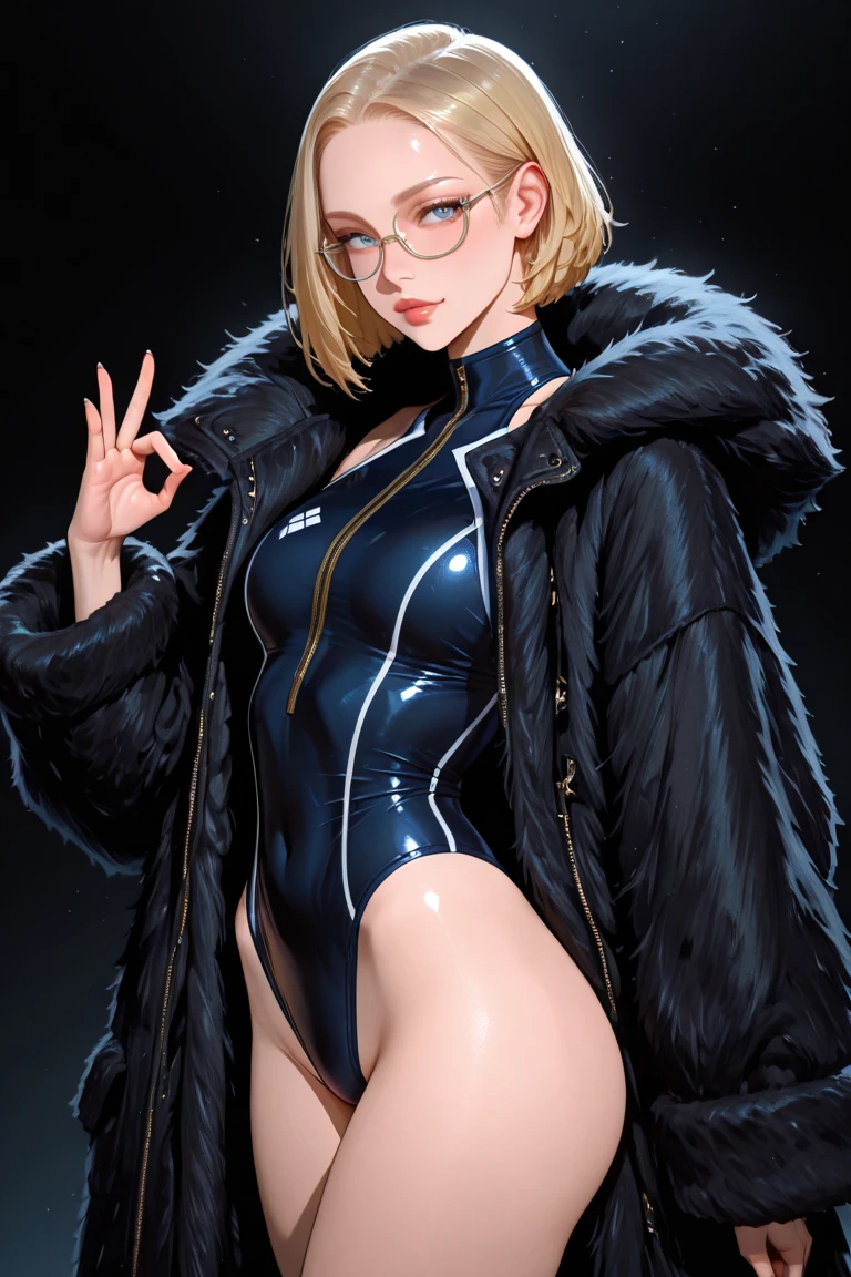 eye glasses、flat chest、highleg、The whole body can be seen from directly below、Delicate body、Gold Ponytail、Beautiful open legs、parka