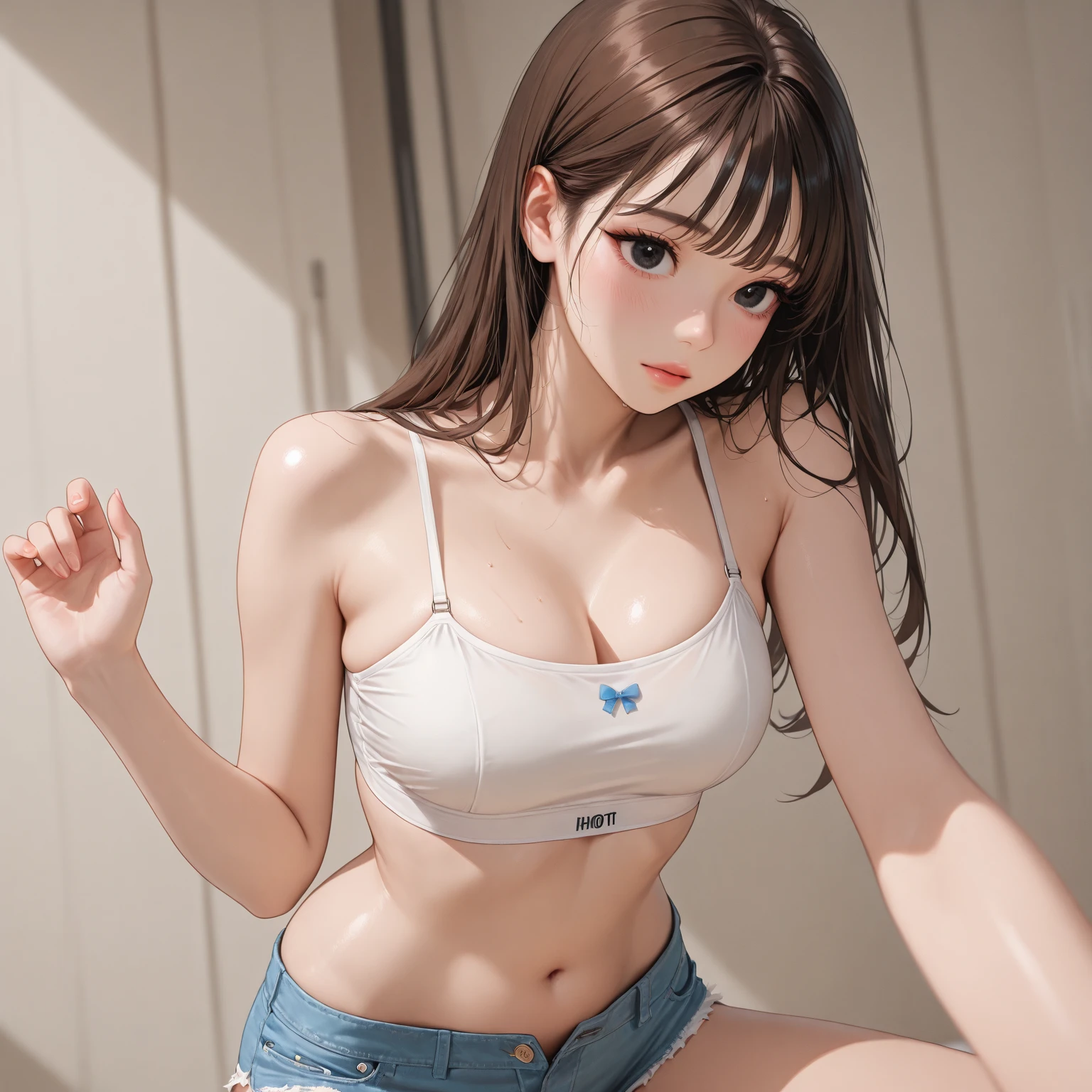 So cute and beautiful,(Very exquisite beautiful face and eyes),(smile:1.2),blush,View your viewers,Navy Blue Louvruma,White Training Shirt,Short sleeve, Are standing,Elegant pose,Cowboy Shot,Leg details,Training gym locker room,Black Hair, (Highest quality,masterpiece),Absurd,High resolution,Very detailed,Very detailed,32K,8k resolution, Intricate details,Movie Scenes,Detailed Background,alone,Dynamic Angle,Perfect hands,