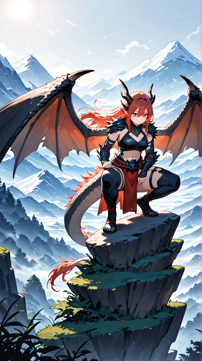 masterpiece, best quality, highly detailed, intricate design, brilliant colors, mink_\(dragon_half\), bikini armor, dragon wings, dragon tail, dragon horns, knee boots, choker,  red hair, red eyes, <lora:mink:0.8>