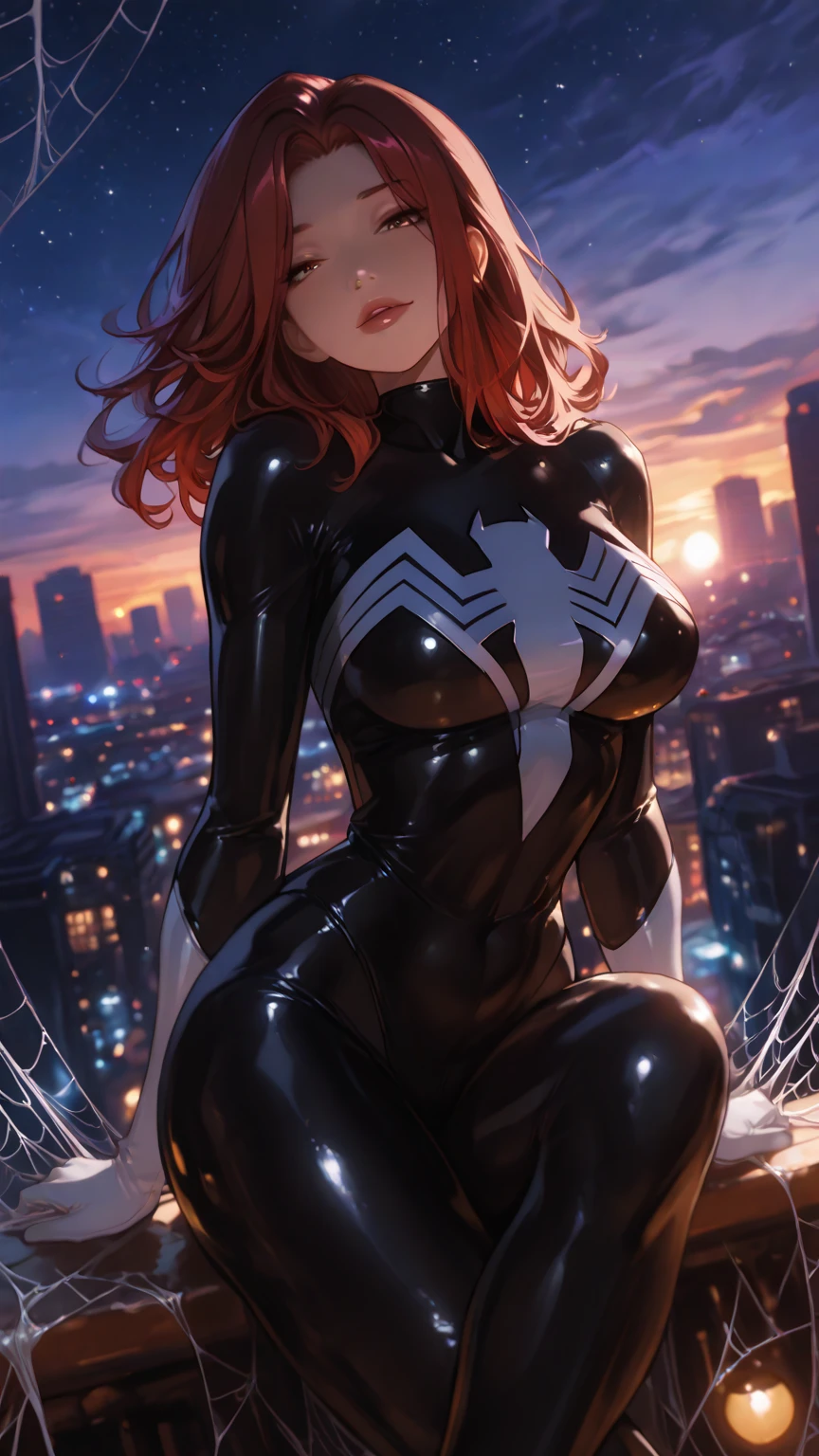 4K，realisticlying，Glamorous，The is very detailed，There is a girl in Dingcheng，Red hair，Wearing a black Spider-Man costume，（Black and white：1.4） the night,symbiote，venomize，a large amount of mucus,she is a spiderman，Black superhero theme，In front of the sky，Flushed complexion，( Open legs， camel-toe，， Vulvar shape：1.3）,(GGCameltoe:1.3)Legs apart，25 age old，full bodyesbian
