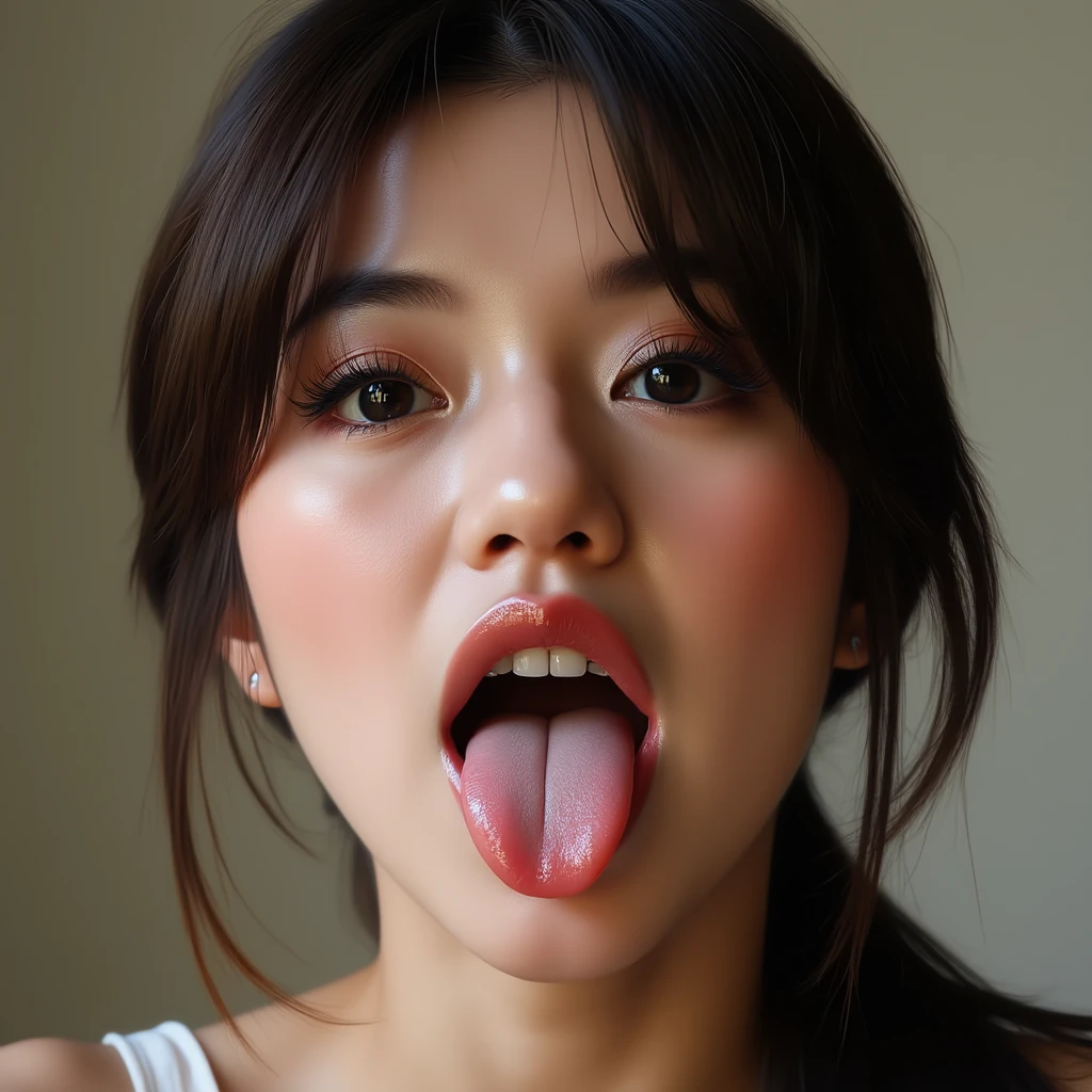Korean,5 years old,,woman,Show only the face,Eyes wide open, a scary smile,Open your mouth and eyes wide,stick your long tongue out of your mouth,Brown tongue