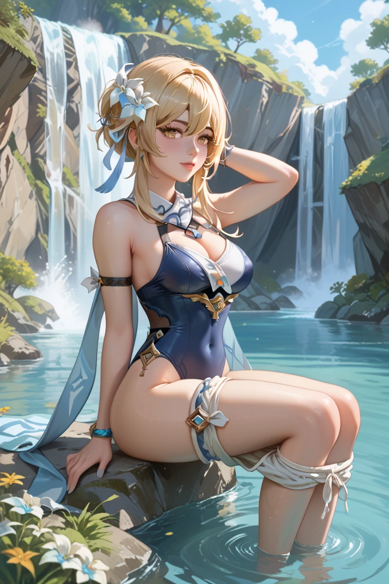 (best quality,4k,8k,highres, masterpiece:1.2), ultra-detailed, (realistic,photorealistic,photo-realistic:1.37), HDR, UHD, studio lighting, extreme detail description, professional, vivid colors, bokeh, (illustration), (watercolor), (ethereal fantasy:1.1), (soft pastel:1.2), (luminous glow:1.1), (dreamlike atmosphere:1.1), (subtle surrealism:1.1), (magical elements), (tranquil garden setting), (1girl), (platinum blonde hair), (short hair), (sparkling water), (lush greenery), (colorful flowers), (sunny day), (gentle breeze), (reflective pool), (serene ambiance), (harmonious aesthetics), (calm and peaceful mood), (lovely nature), (elegant posture), (confident expression), (graceful movements), (playful interaction), (captivating gaze), (ethereal beauty), (intense gaze), (expressive eyes), (charming smile), (stunning features), (fashionable attire), (embroidered details), (intricate patterns), (floral motifs), (glistening embellishments), (unique black swimsuit design), (feminine grace), (magical aura).