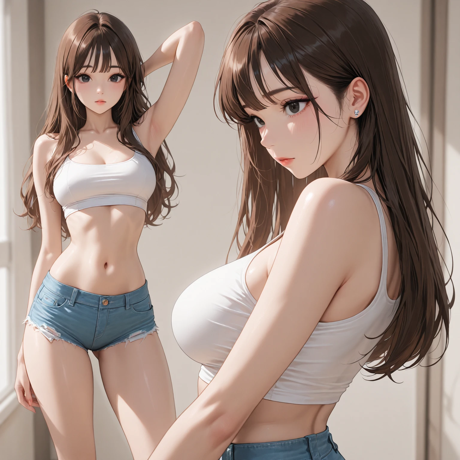 ((Extreme exposure))(High-definition image quality)極Realistic skin texture、High definition face(brown、Very long straight hair、Hair behind the ear、Beautiful moist brown hair、Smooth Hair)((Bright smile、Embarrassed expression))、Gaze(sexyな25歳の女の子、Idol Makeup、Eyeliner)(Fair skin)(Sparkling eyes)Smooth Skin、Realistic skin texture ((Oversized Tank Top、Short length、Cleavage、Super big boobs)) ((Ultra short denim shorts、damage、Super tight、small、Ultra low rise))))A well-proportioned and perfect body、Beautiful armpits、On the position of the chest、Round big breasts、Beautiful valley、Ultra-thin waist、Waistline、Long legs、Glitter High Heels((((Shopping Centre、Standing posture))))(((((sexy、Medium full shot from below))))))View angle from below