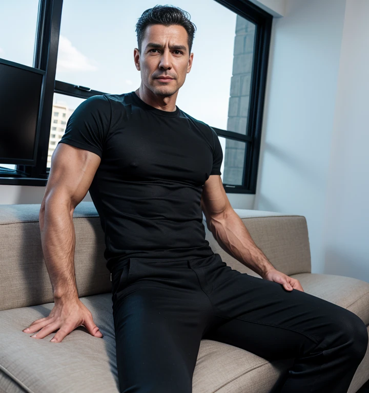 40 years old，Hidetoshi Nakata，（Kogoro Mori 1.3），whole body，Lean，muscle，office，black，foot，Suit，transparent袜子，foot抬起，sofa，Baldhead ，transparent，Thick body hair，underwear，Topless，Densely hairy，Fortitude，HD，With a mustache
