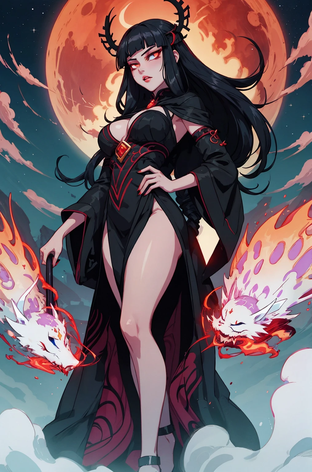 Unohana, solo, swimsuit , red eyes, haori, beach , orange moon, scar on chest, parted lips, thick thighs , big breasts,