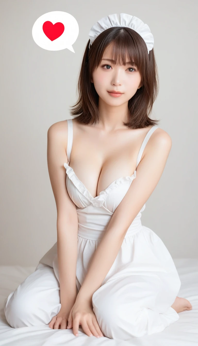(Best Quality, 8k, 32k, Masterpiece, UHD: 1.2), Cute Japan Woman Pictures, One Girl, (Big), (Tall Women), (Abs), (Lips), Closed Mouth, (Medium Short), Double Eyelids, Wet Skin, Only One Very Beautiful Woman, Very Sexy Body, Gaze Looking Directly Into the Camera, Golden Ratio Face, Golden Ratio Body, Perfect Body, Perfect Face, Perfect Breasts, Big breasts looking directly at the camera, part-time sexy expression, chest between arms to create cleavage, chest closer, coquettish smile, very happy smile, glossy, big eyes, highlights in the eyes, clear double eyelids, eyelashes, long neck, beautiful short hair, glossy dark black hair, bangs, thick bangs, shiny skin, clean bangs, clean collarbones, Clean, pure white background, empty background, crystal clear white uniform, clothes that seem to be visible but invisible, overwhelming charm, attractive natural light, 19 years old