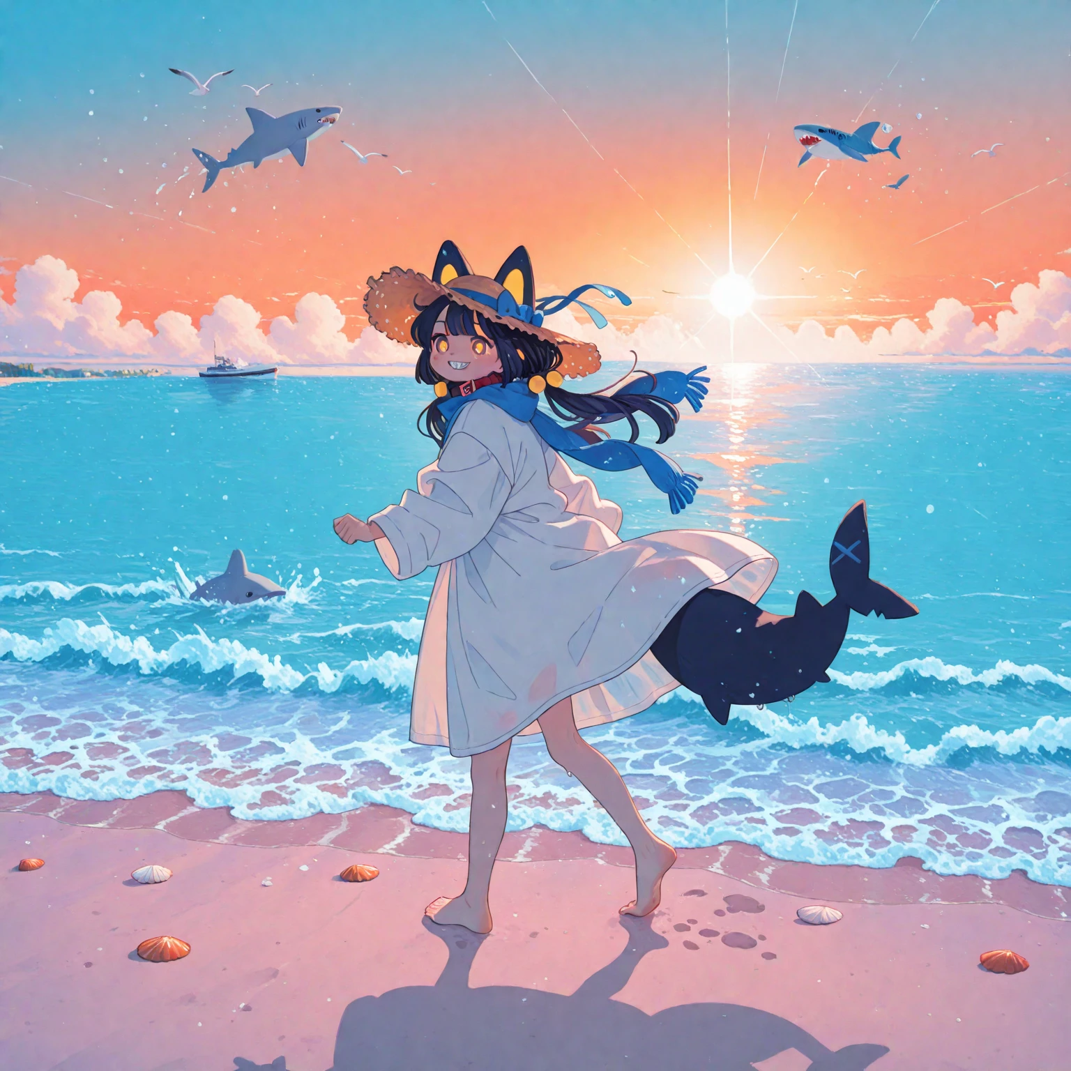 best quality, masterpiece, ultra-detailed, 1girl, fox ears, fox girl, fox tail, swimsuit, full body, posing, emotional, action pose, sea, ocean, beach, cloudy, sunrays, dusk, moon, cloud, sky, outdoors, cloudy sky, leaf, ruins, sunbeam, post-apocalypse, side view, (dark shot:1.1), epic realistic, faded, (neutral colors:1.2), (hdr:1.4), dramatic light