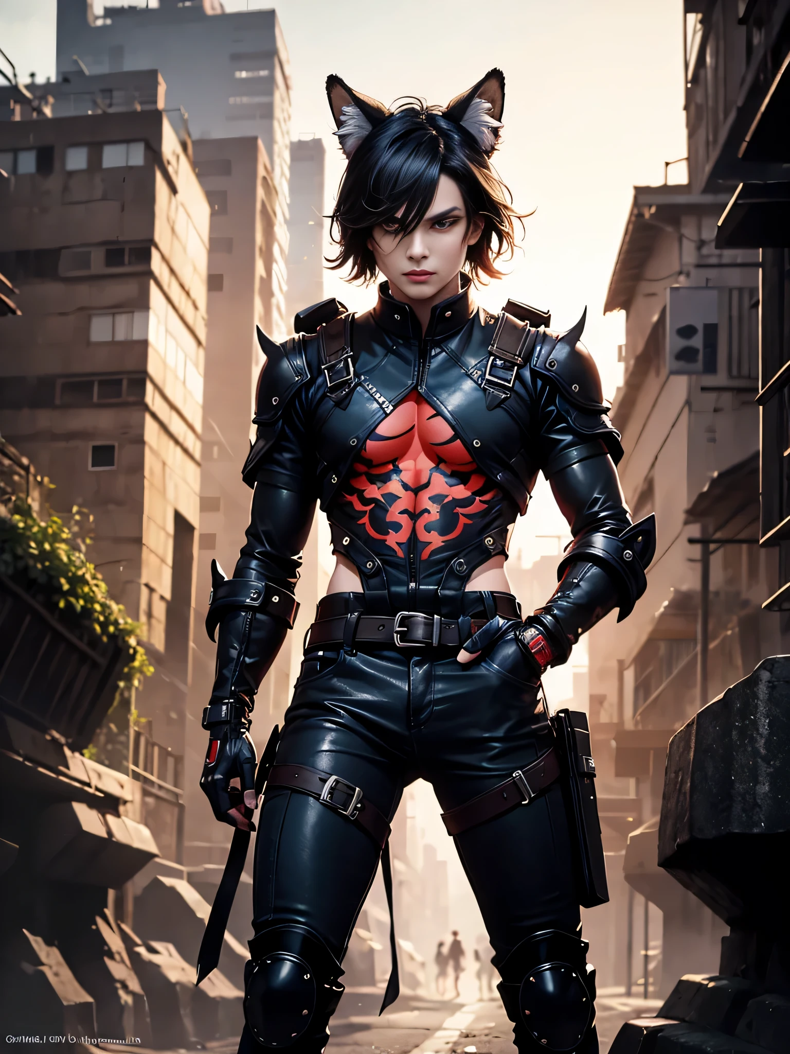 score_9, score_8_up, score_7_up, BREAK 1boy, detailed anthropomorphic kitsune (Japanese fox demon) character, wearing cyberpunk inspired mechanical and leather outfit, mischievous, dynamic pose, cinematic lighting, dramatic shadows, vibrant colors, fantasy landscape background, futuristic elements, photorealistic, 8K, high quality, masterpiece, fullbody shot