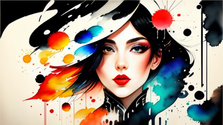 painting of a woman with a red and white face, Sylvia Pelissero watercolors, tumbler, abstract art, Intense watercolor painting, watercolor detailed art, watercolor splash, surreal, Avant-garde pop art, Beautiful and expressive painting, Beautiful artwork illustration, very colorful tones, Fantastic, cool beauty, highest quality,official art, women only, sharp outline, best shot, vector art