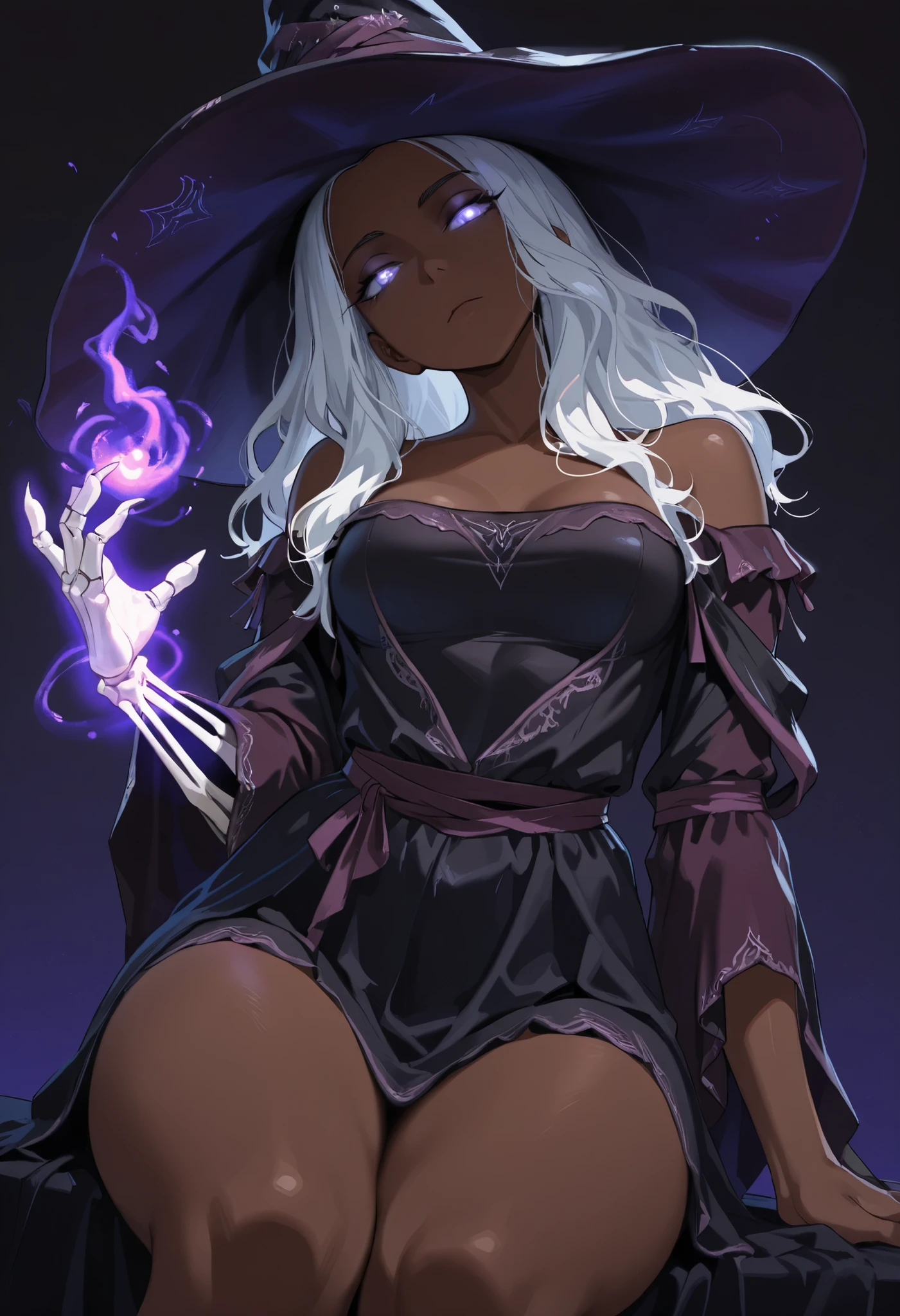 masterpiece,best quality, anime, RecluseER, 1girl, white hair, witch hat, dark skin, from below, expressionless, , sitting, head tilt, dutch angle, outstretched handskeletal disembodied hand, purple blue magic, solo, claws, cowboy shot , glowing eyes, dimmed, dark background, simple background,