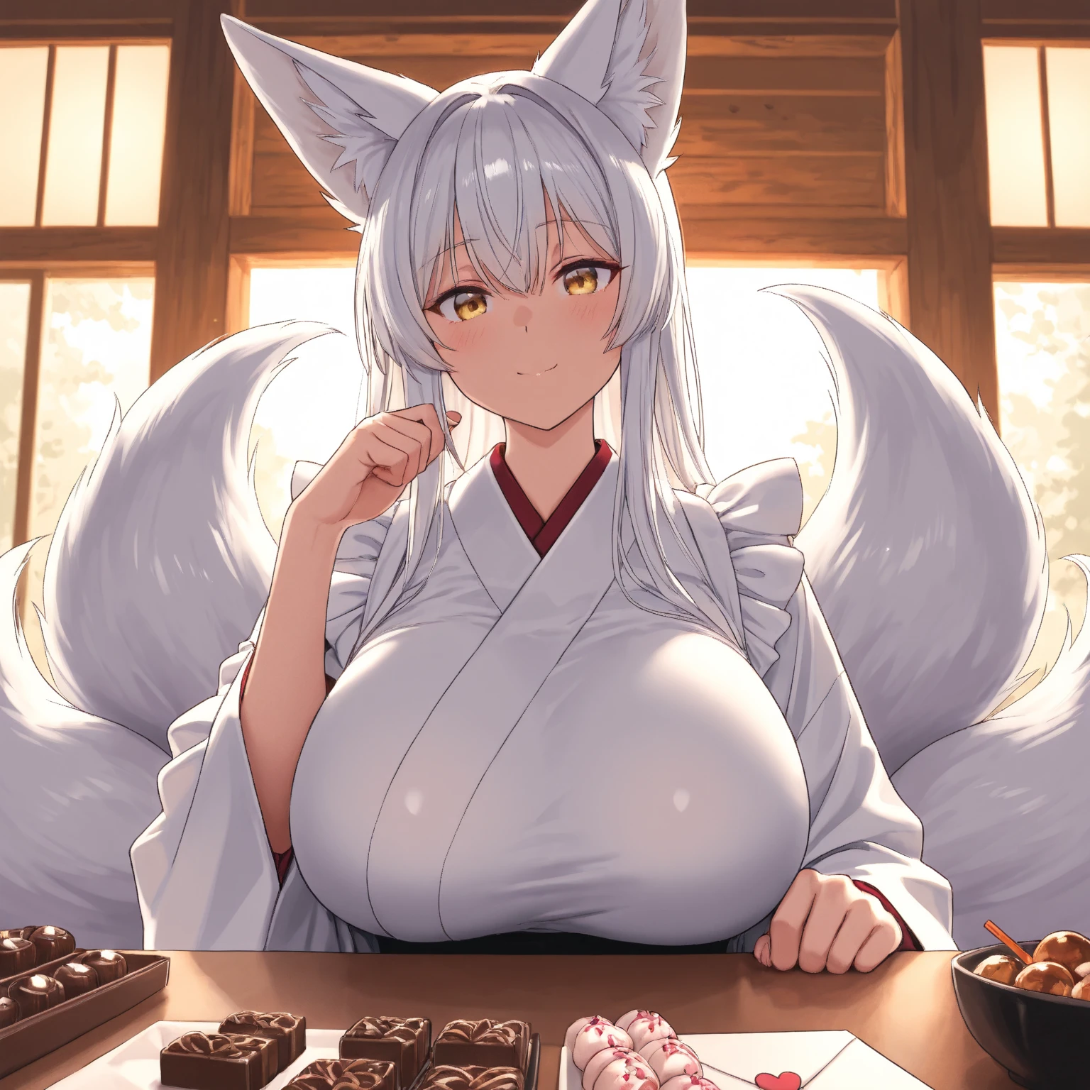(((masterpiece, best quality))), (((superior quality))), cute girl, ((extremely detailed girl)), ((huge breasts)), fox ear, yukata, (bare shoulders), strapless top