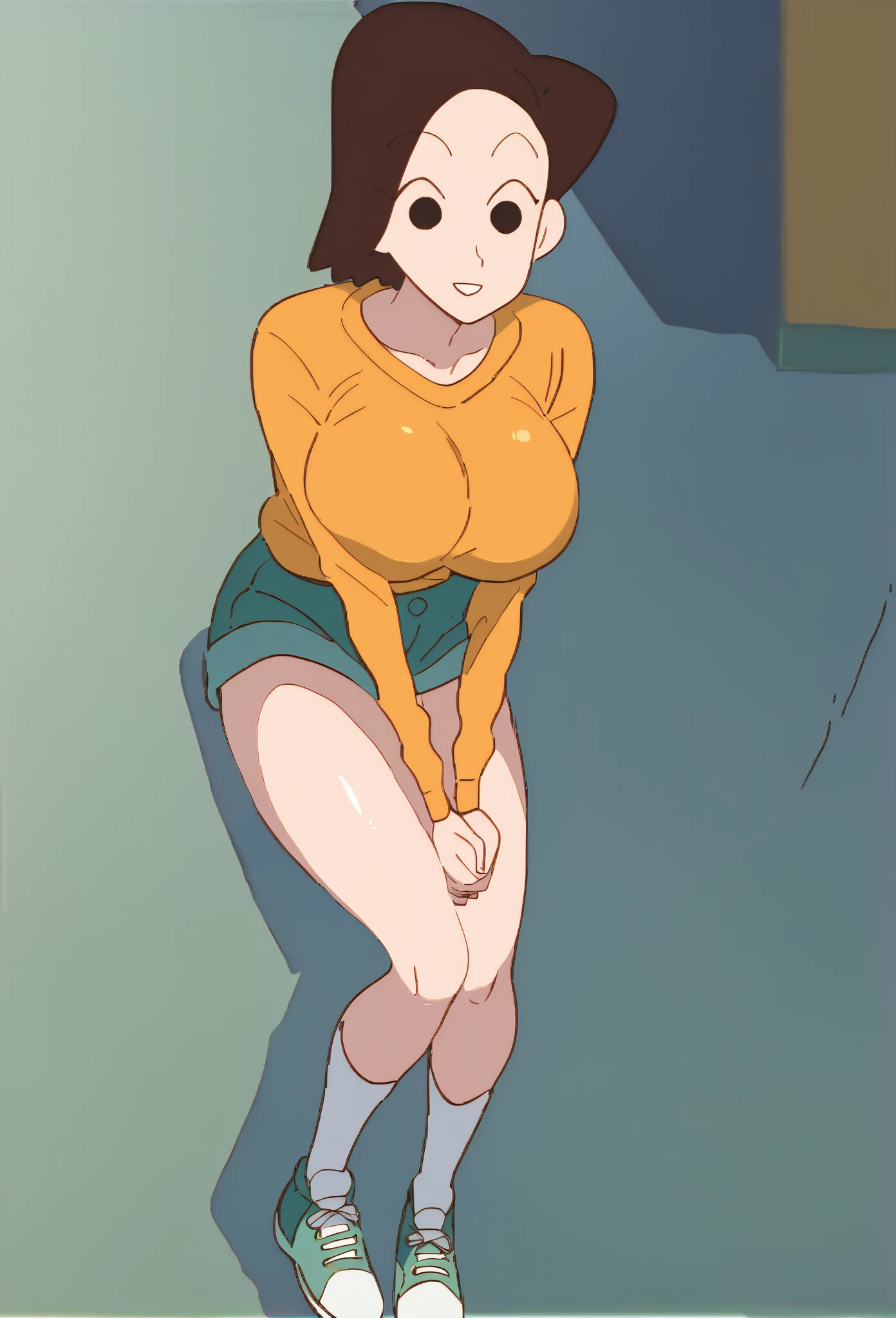 masterpiece, highest quality, High resolution, One girl, sexual intercourse, Pornographic images, short hair, etsukoto, brown Eyes, fine grain, fine grain, (((Thick thighs, Plump thighs, Voluptuous thighs, Thighs alone are enough))), Huge and ample breasts, Cleavage, big long breasts, Naughty big,((big breasts are important))、((Naughty thighs)), L Cup, (thin:1.4),(Tight waist:1.4), (yellow dress:1.4), ((white waist apron)), white panties, anguish, open mouth, blush, (((Simple Background))), ((Wide Hips)), Shiny, Oily skin, Mature mother, Calf, Seductive mature woman, Perfect body, Plus Size Model, curvy, ample, etsukoto, blush, clavicle, retro artstyle, 1990s (style), (thick thighs:1.4), bursting thigh, ((pov)), (((panty shot))), from below, lying on bed, looking down, spread legs, (nsfw),
