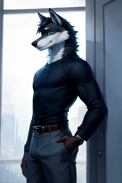 anthro, (dragon/wolf hybrid), ((hybrid)), ((black fur)), ((white hair)), white star shaped marking on nose, standing, solo, blue eyes, ((white canine )), knot, ((white )), black pupils, photorealism ,by zaush, by ruan jia, by jay naylor, by nuzzo, by disney, by pino daeni. (4k), HD, quality, looking , black pupils, photorealism , bedroom setting, night time, (4k), HD, quality