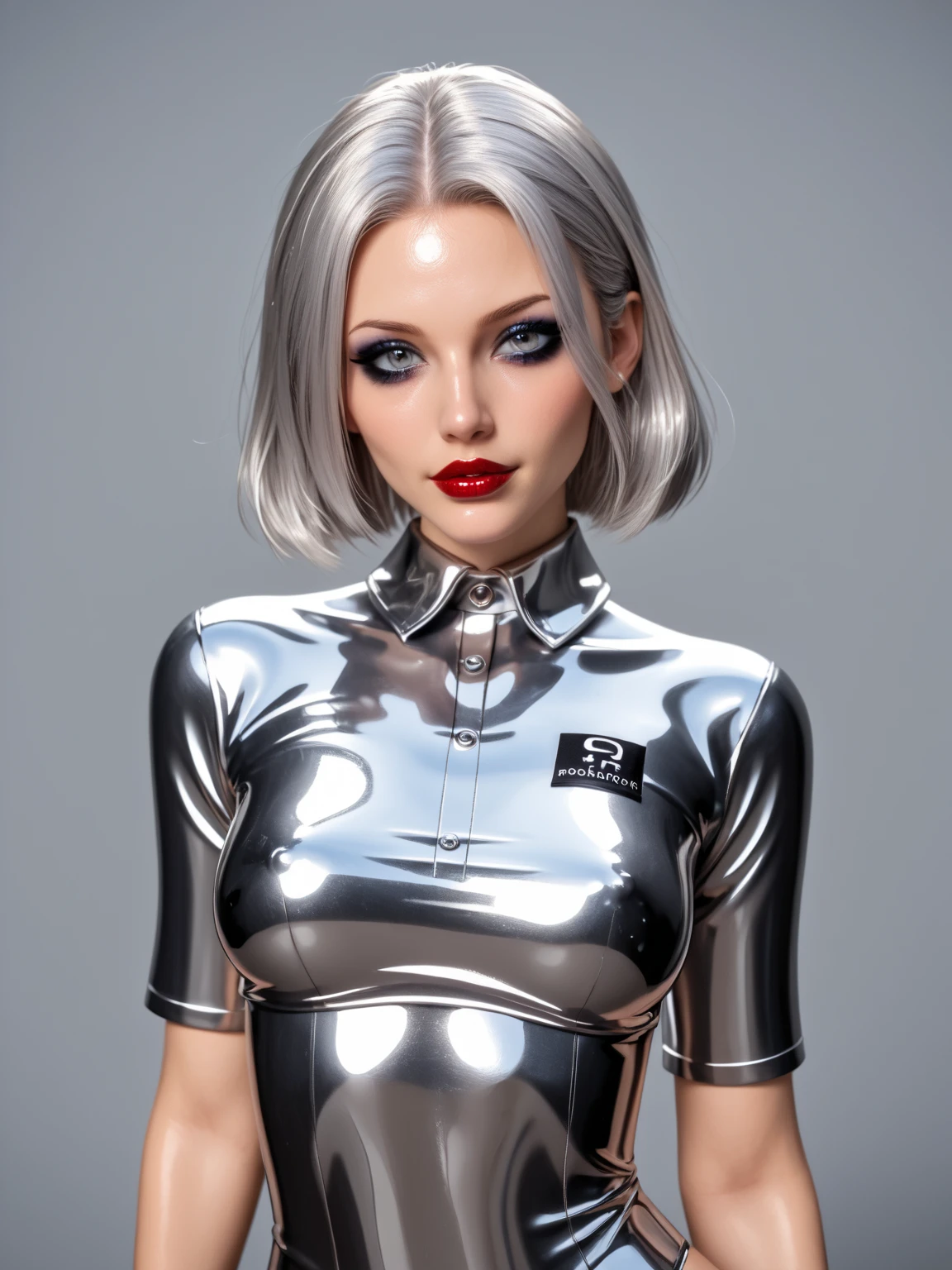 Top Quality, Masterpiece, High Resolution, 8k, (((skinny girl, full body shot, oversized shiny rubber shirt, bare back, hot pants, small perky breasts, beautiful detailed eyes, beautiful detailed lips, small closed mouth, extremely detailed face, pixie side shaved hair cut, small hips)))
