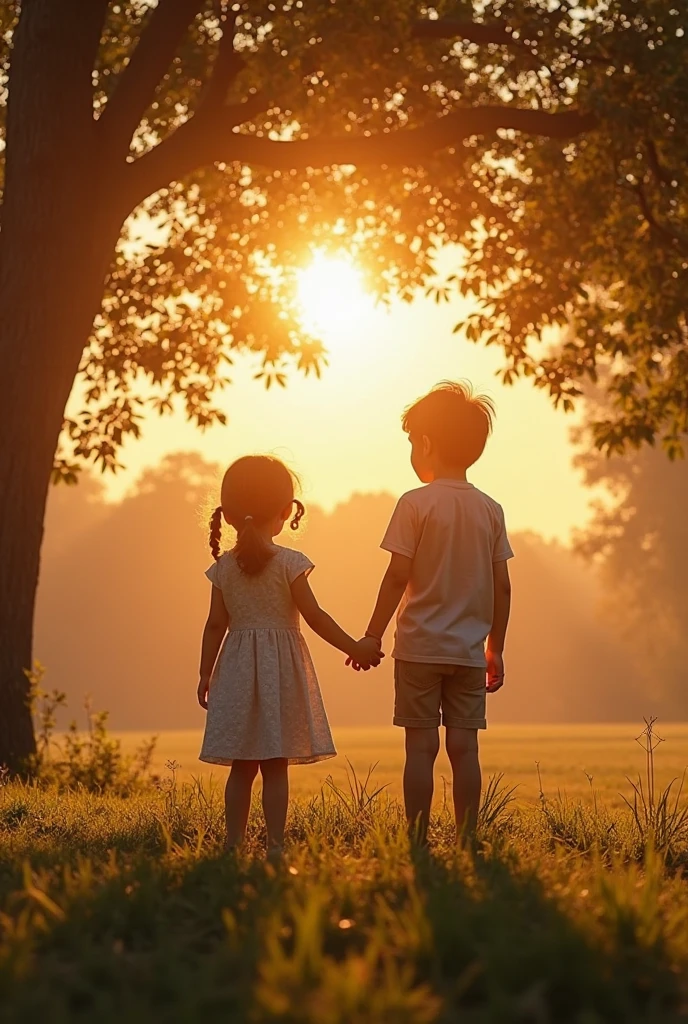 A young boy with a young girl close to each other with a romantic background